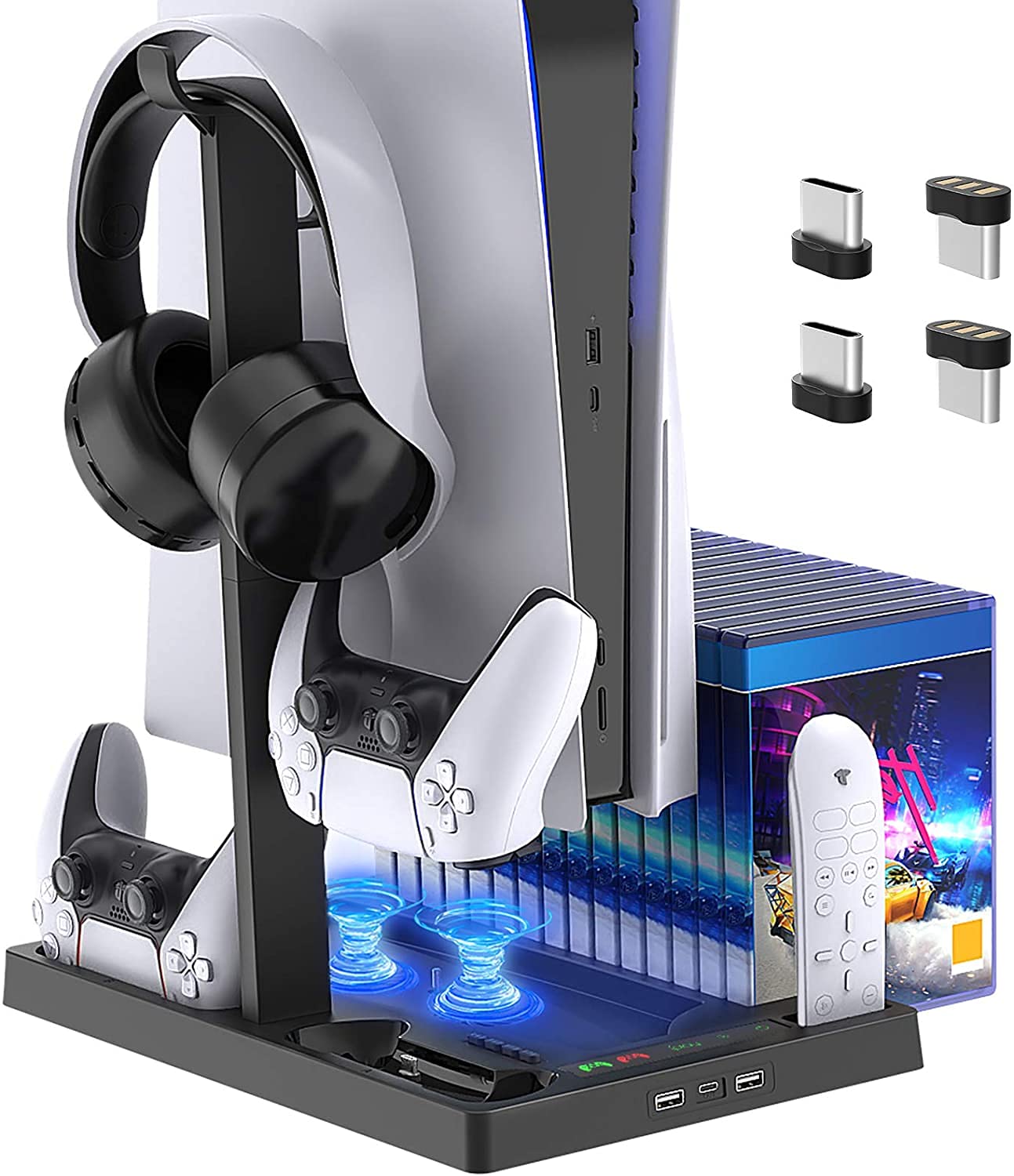 New World Vertical Stand for PS5 Digital Edition and Disc Edition Console with Cooling Fan, Controller Charging Station and 15 Game Cards Slots and Headset Stand for PS5