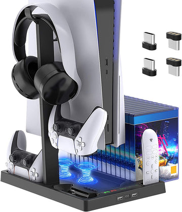 New World Vertical Stand for PS5 Digital Edition and Disc Edition Console with Cooling Fan, Controller Charging Station and 15 Game Cards Slots and Headset Stand for PS5