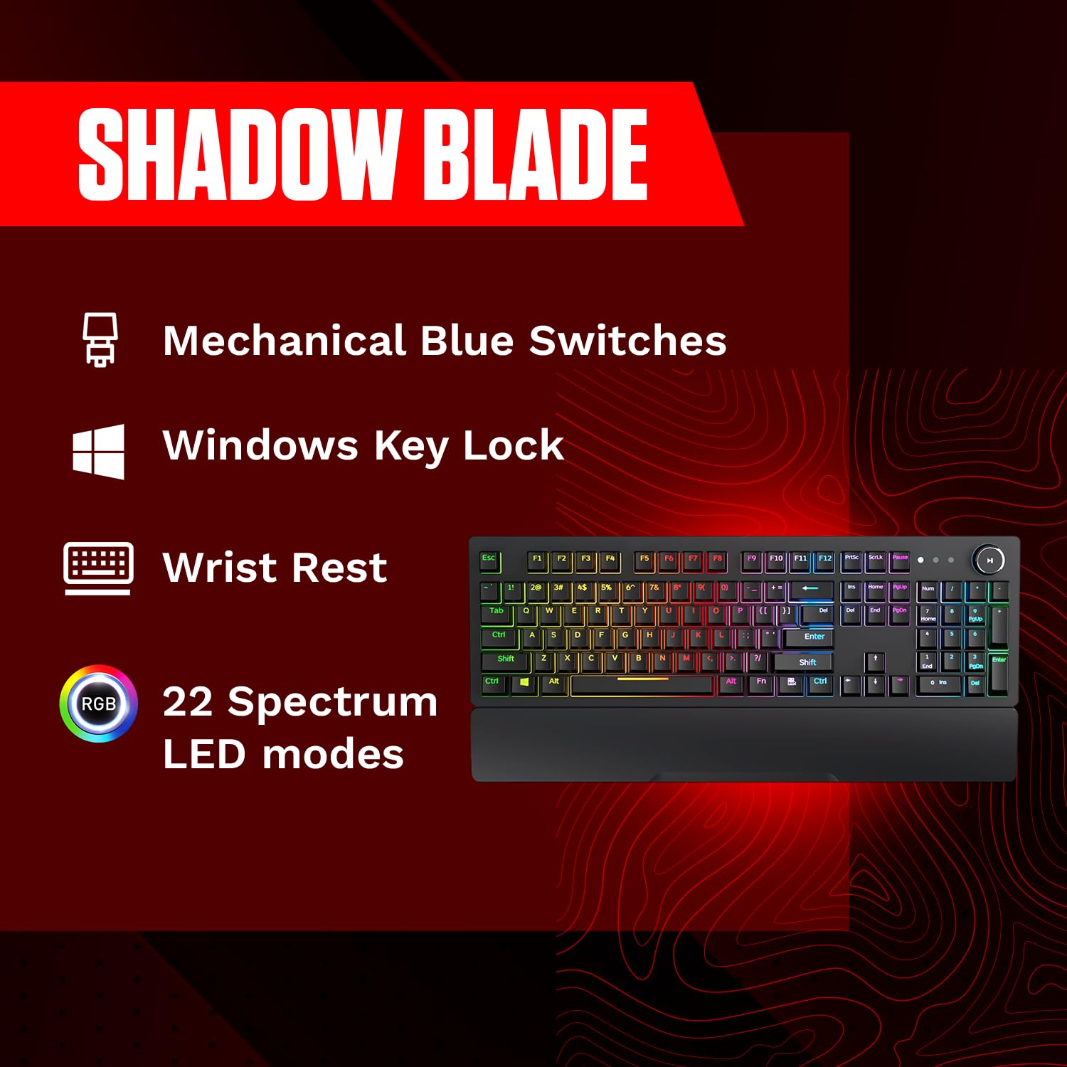 Redgear Shadow Blade Mechanical Keyboard with Drive Customization,Wired Spectrum Led Lights, Media Control Knob and Wrist Support(Black)