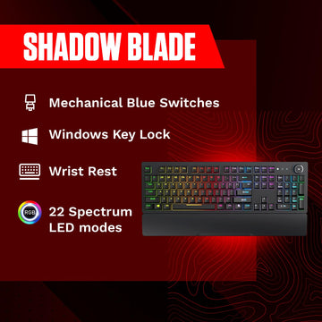 Redgear Shadow Blade Mechanical Keyboard with Drive Customization,Wired Spectrum Led Lights, Media Control Knob and Wrist Support(Black)