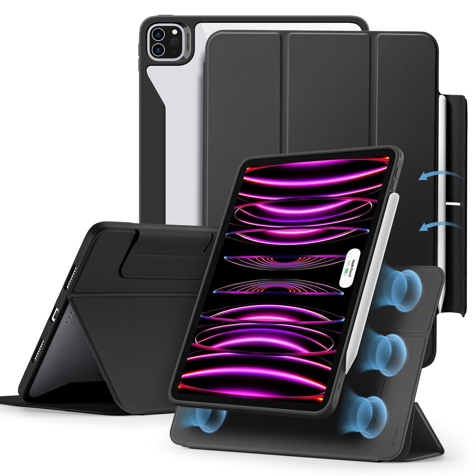 ESR for iPad Pro 11 inch Case (2022/2021/2020/2018, 4th/3rd/2nd/1st Generation), iPad Pro Cover with Pencil Holder, Detachable Magnetic Cover, Vertical Stand, Rebound 360 Series, Black