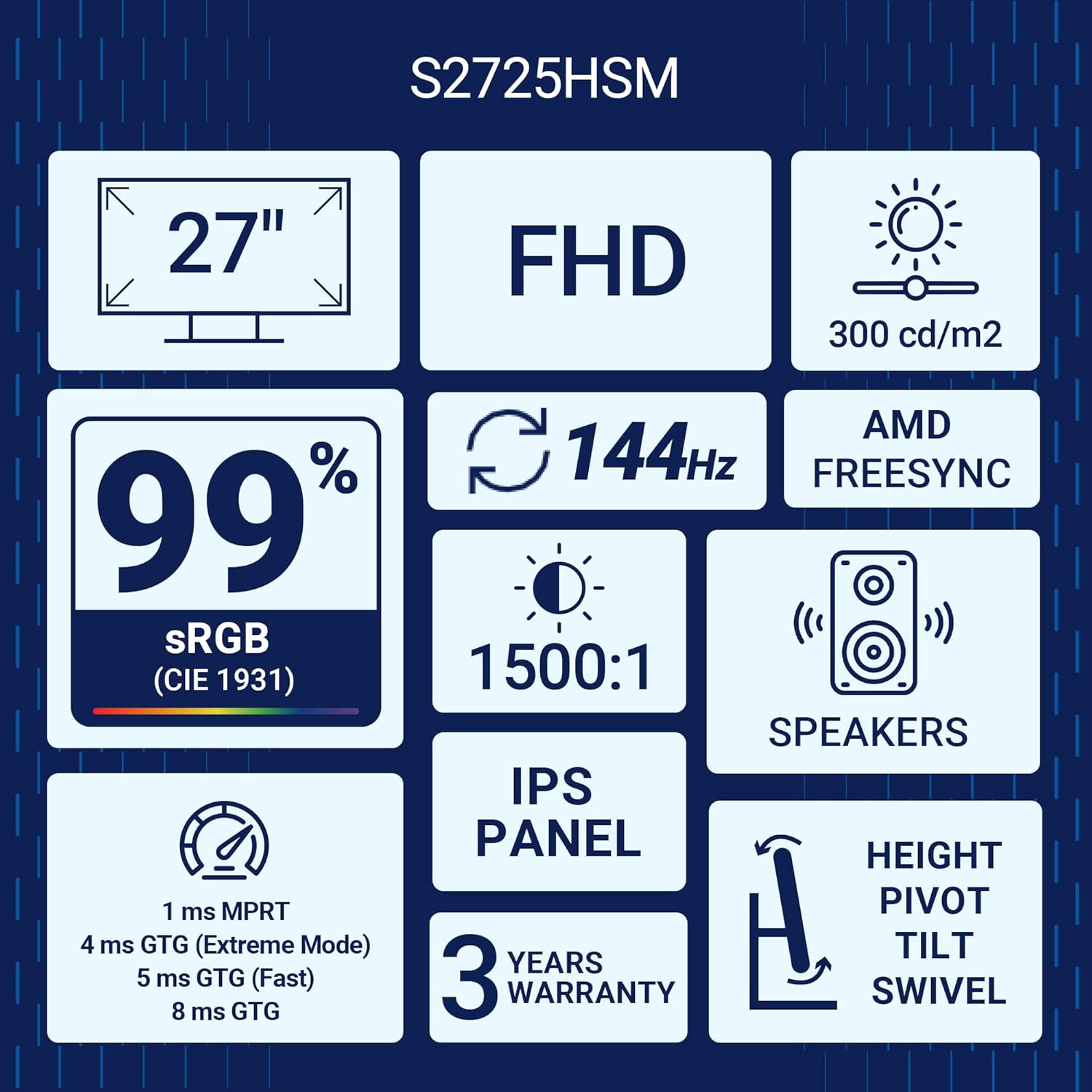 Dell S2725HSM 27"/68.58cm FHD Monitor, 144Hz Refresh Rate, IPS Panel, 1ms Response, Flicker-free, Contrast 1500:1, 2xHDMI, Built-in 6W Dual Speakers, Warranty 3 Years, TÜV Rheinland 4-Star Eye Comfort