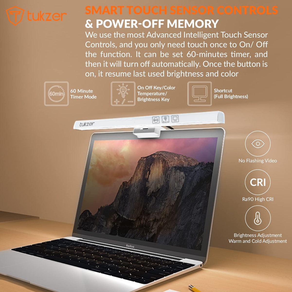 Tukzer स्मार्ट टच सेंसर के साथ 13-इंच लैपटॉप स्क्रीन लाइट बार | USB संचालित 5W LED ई-रीडिंग लैंप | 3 रंग तापमान मोड, स्टीप्लेस डिमिंग, 60-मिनट टाइमर, नो स्क्रीन ग्लेयर आई हेल्थ केयर (काला)