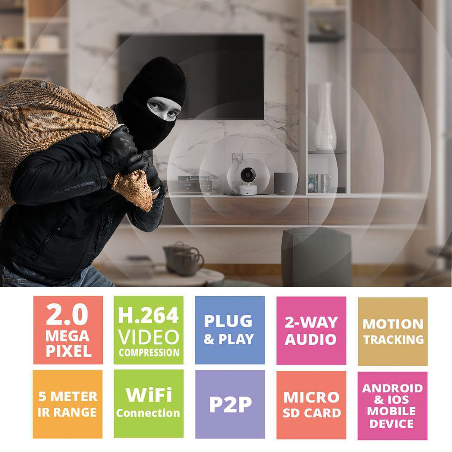 ZEBRONICS Zeb-Smart CAM 102 Smart WiFi PTZ Indoor Camera with Motion Detection, Day/Night Mode, Micro SD Card Slot, 2 Way Audio, for Home/Office/Shop