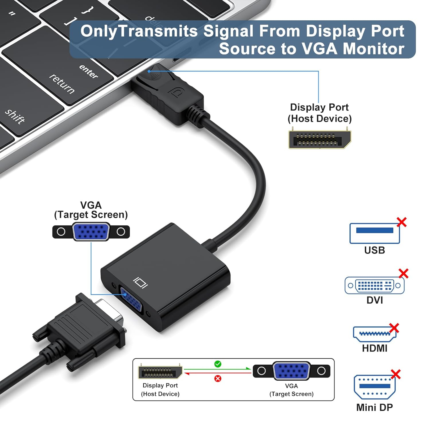 Tobfit DisplayPort to VGA Adapter 1080P, Premium Gold-Plated DP to VGA Converter (Male to Female) for Laptop, Desktop, Monitor, Projector, TV - Compatible with Dell, HP, Lenovo, ASUS & More