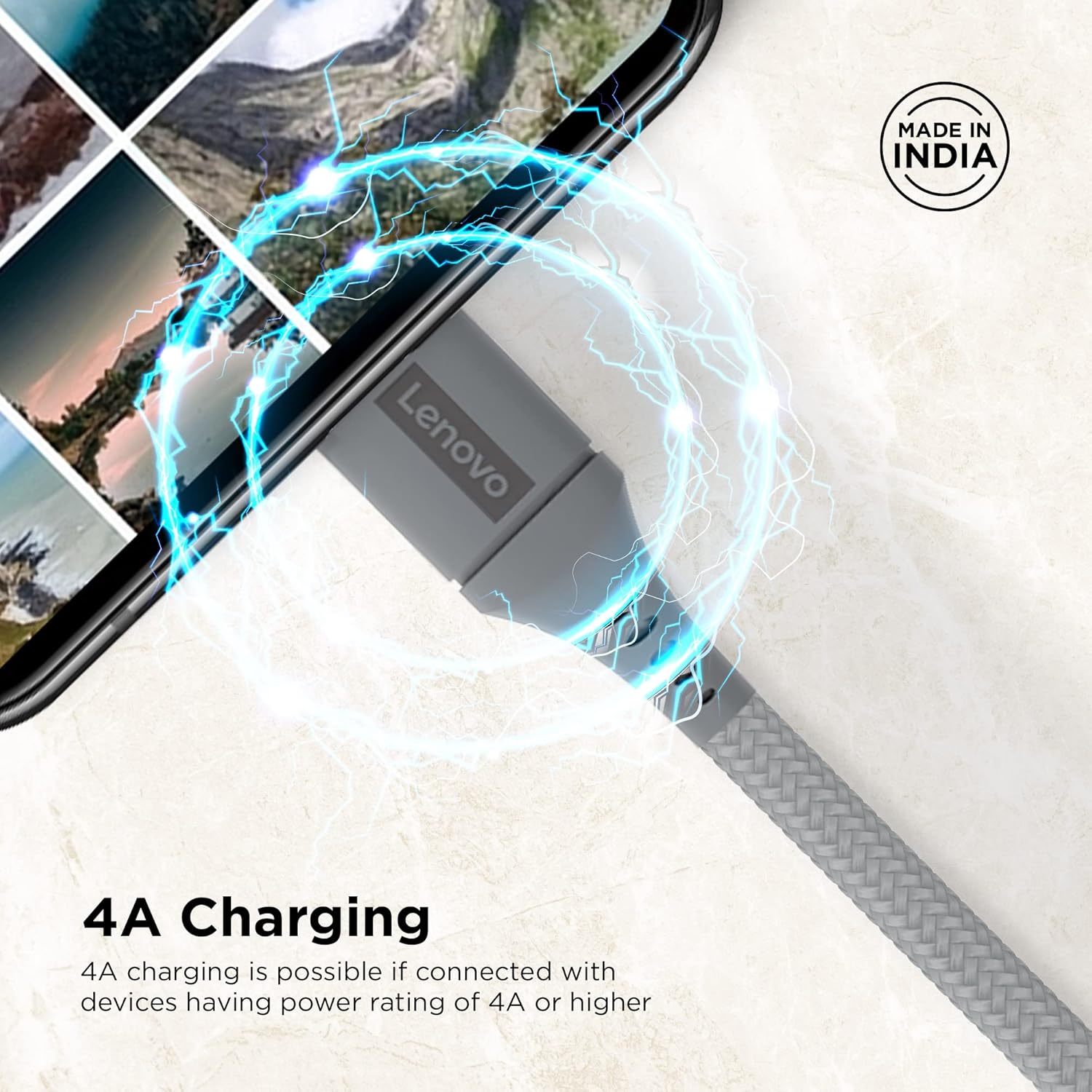 Lenovo Micro USB Cable Tangle-Free Aramid Fiber Braided 1M Cable With 4A Charging & 480 MBPS Data Transmission, Certified 10000+ Bend Lifespan, Metallic Grey