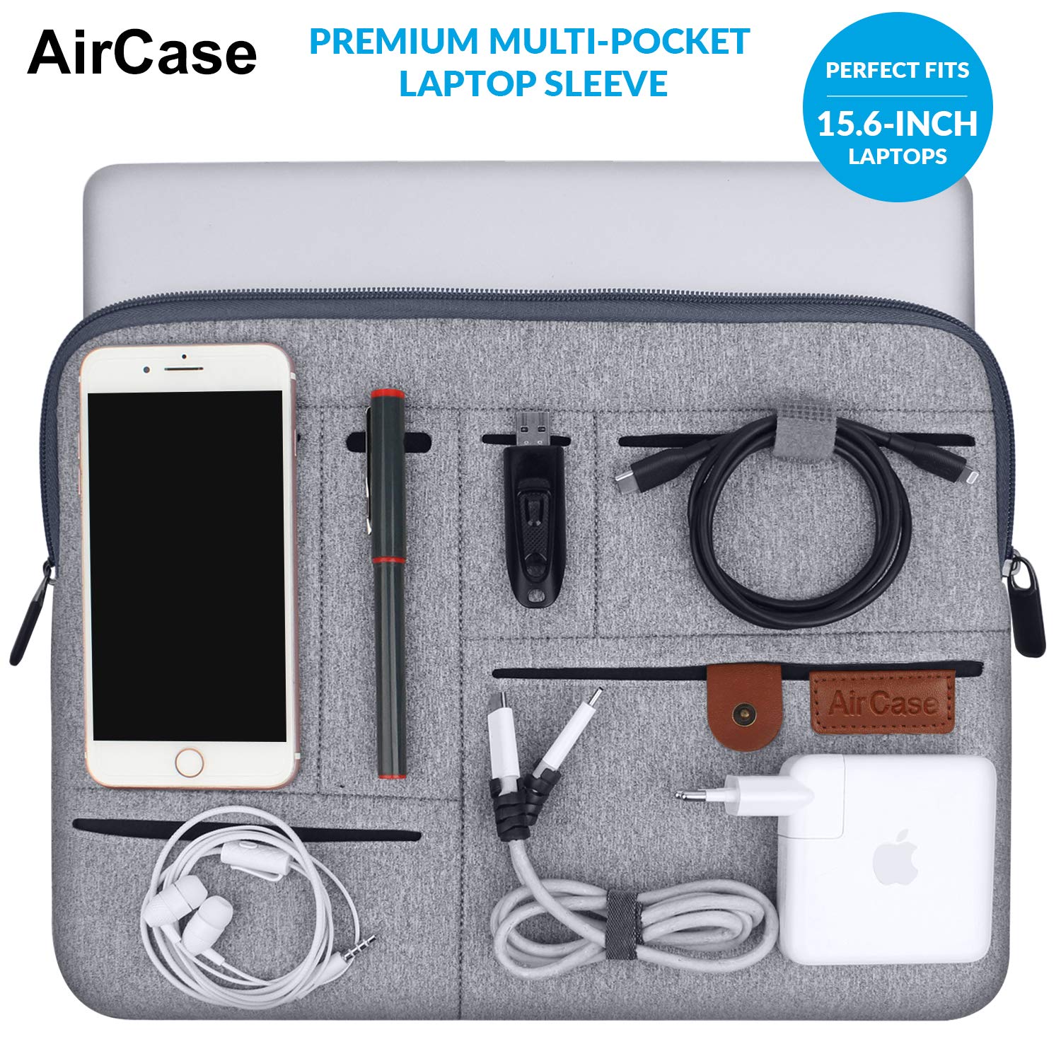 AirCase Protective Laptop Bag Sleeve with Pockets fits Upto 15.6" Laptop/MacBook, Wrinkle Free, Padded, Waterproof Light Neoprene case Cover Pouch, for Laptops, Men & Women, Grey- 6 Months Warranty