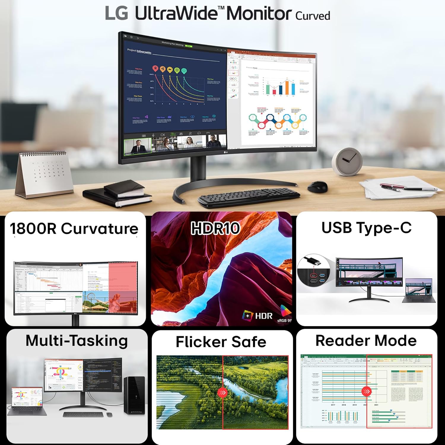 LG 34WR55QK 86.42 cm (34 Inch) 21:9 UltraWide WQHD (3440x1440) Curved Monitor(1800R), sRGB 99%(Typ.), HDR10, Anti-Glare, HDMI X 2, DP, USB-C (PD 65W), HP Out, PBP, Tilt/Height Adjustable Stand (Black)