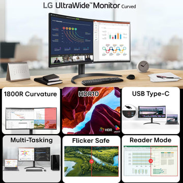 LG 34WR55QK 86.42 cm (34 Inch) 21:9 UltraWide WQHD (3440x1440) Curved Monitor(1800R), sRGB 99%(Typ.), HDR10, Anti-Glare, HDMI X 2, DP, USB-C (PD 65W), HP Out, PBP, Tilt/Height Adjustable Stand (Black)