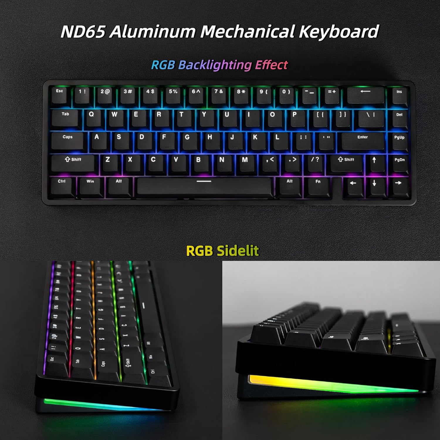 Chilkey ND65 Wireless Aluminum Mechanical Keyboard, 65% Layout Portable Gaming Keyboard, Tri-Mode BT5.0/2.4GHz/USB-C Hot Swappable Custom RGB Backlit Key Board for Laptop Office PC - Black