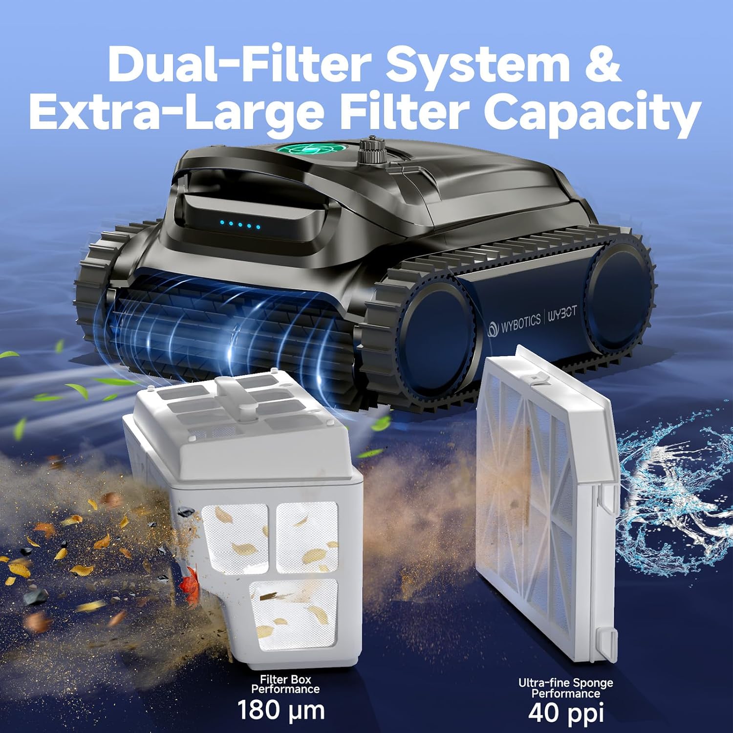 WYBOT M1 Pool Cleaner Robot, App Controlled Robotic Pool Vacuum, 300 Mins Runtime, 6 Path Planning & 7 Working Modes, Dual Filtration System