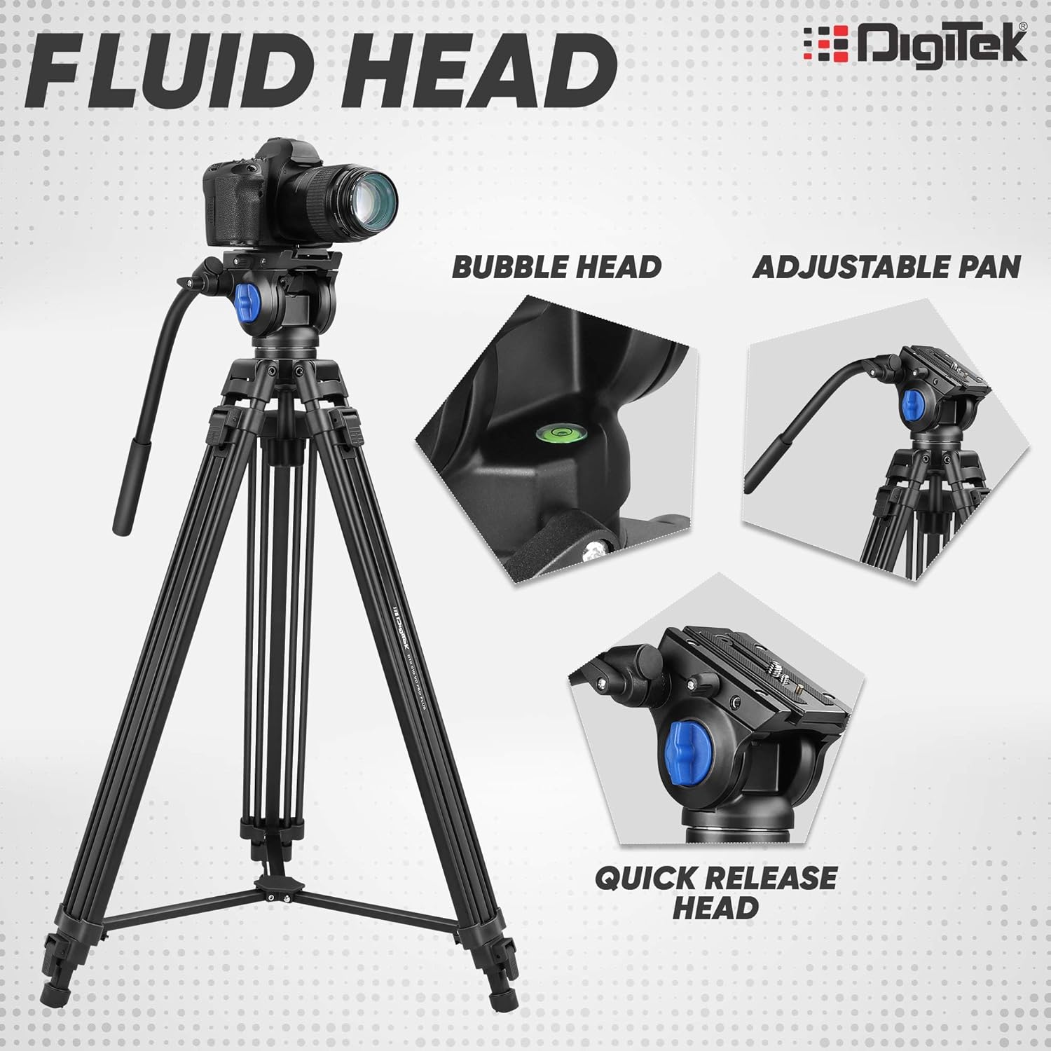 Digitek ® Professional Video Aluminium Tripod with Multipurpose Head for Low Level Shooting, Panning for All DSLR Camera, Maximum Height 5.10 Feet, Load Capacity 15kgs (DTR-510VD PRO PLUS, 70 Inch)