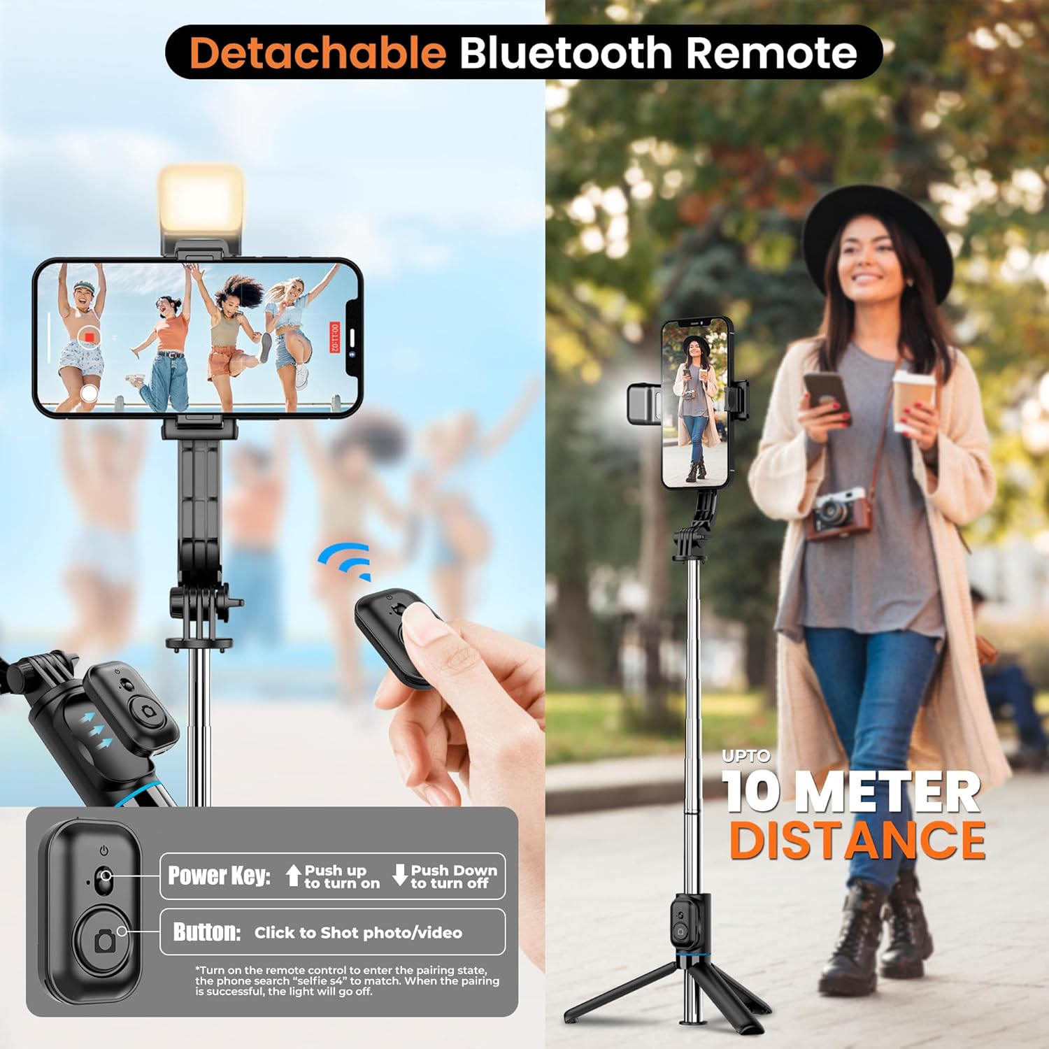 WeCool S4 Selfie Stick with Light in 6 Shades, 3 Colours & 2 Tones with Detachable Mobile Holder, Selfie Stick Extendable Upto 43 inc / 110cm, Tripod Stand...