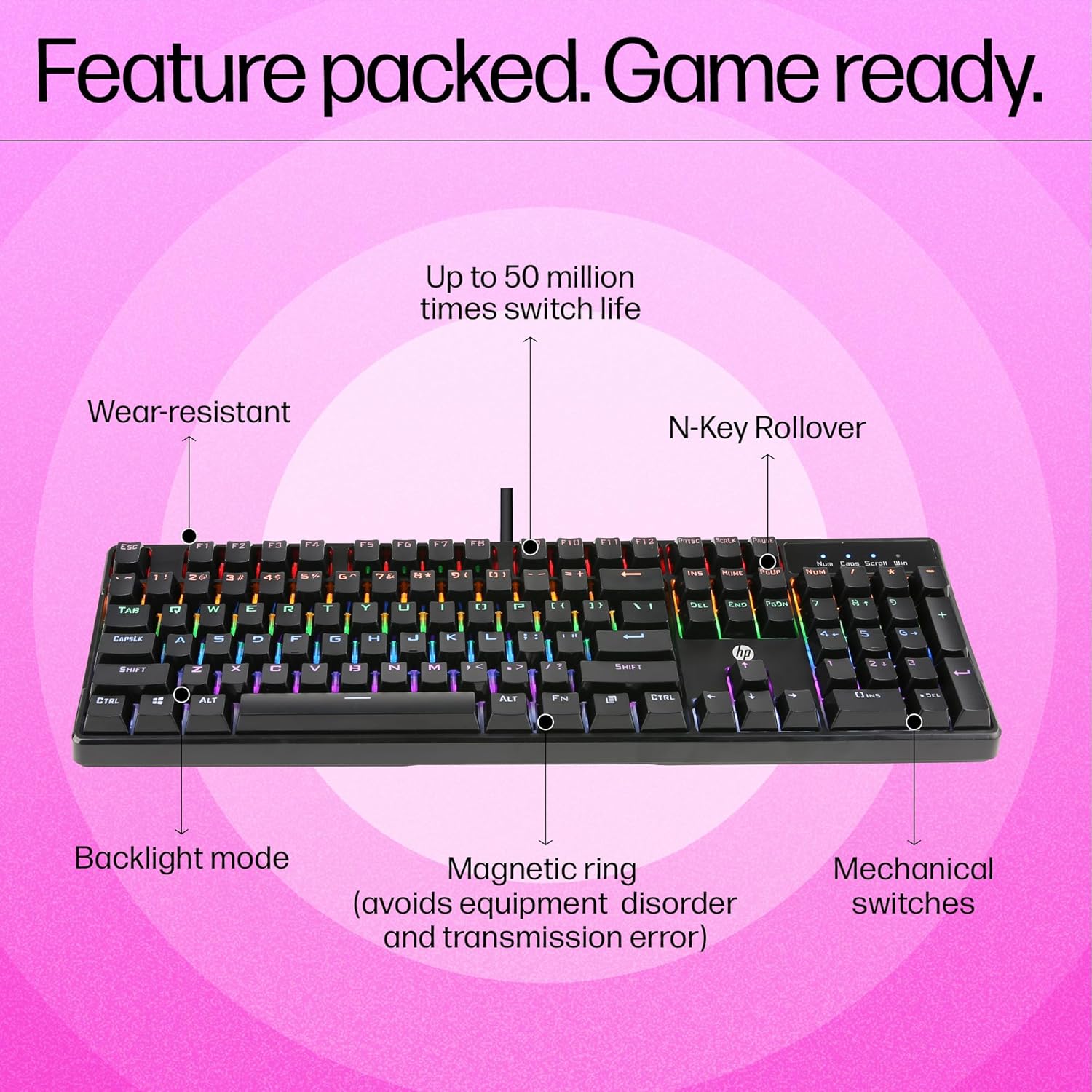 HP GK320 Wired Full Size RGB Backlight Mechanical Gaming Keyboard, 4 LED Indicators, Mechanical Switches, Double Injection Key Caps, and Windows Lock Key, 3 Years Warranty