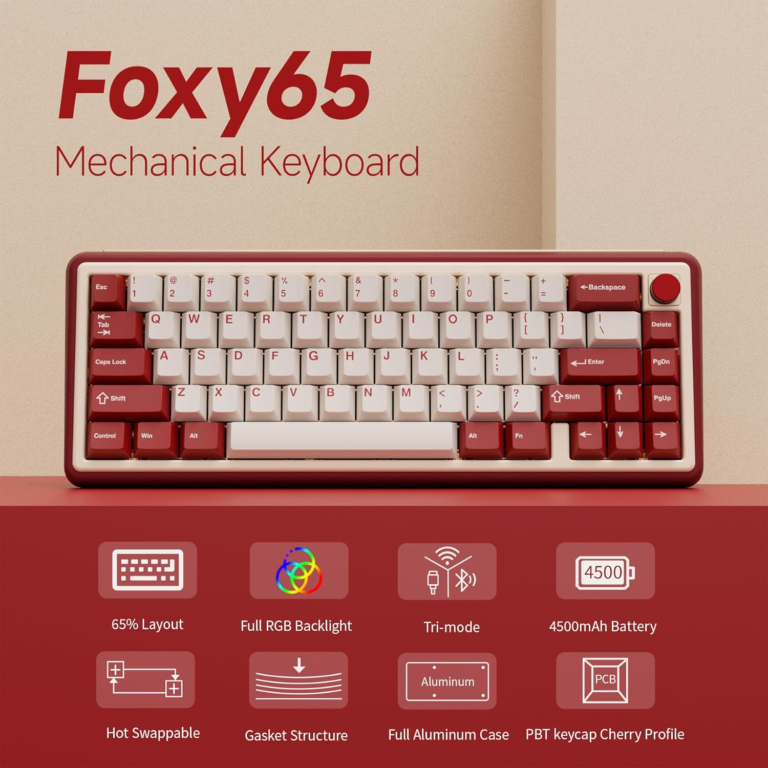 OOCTPK Chilkey Foxy65 Mechanical Keyboard with Knob, Gasket Mount 65% Aluminum Wireless Mechanical Keyboard, BT5.0/2.4GHz/USB-C, Hot Swappable, RGB Backlit Computer Custom Key Board for PC