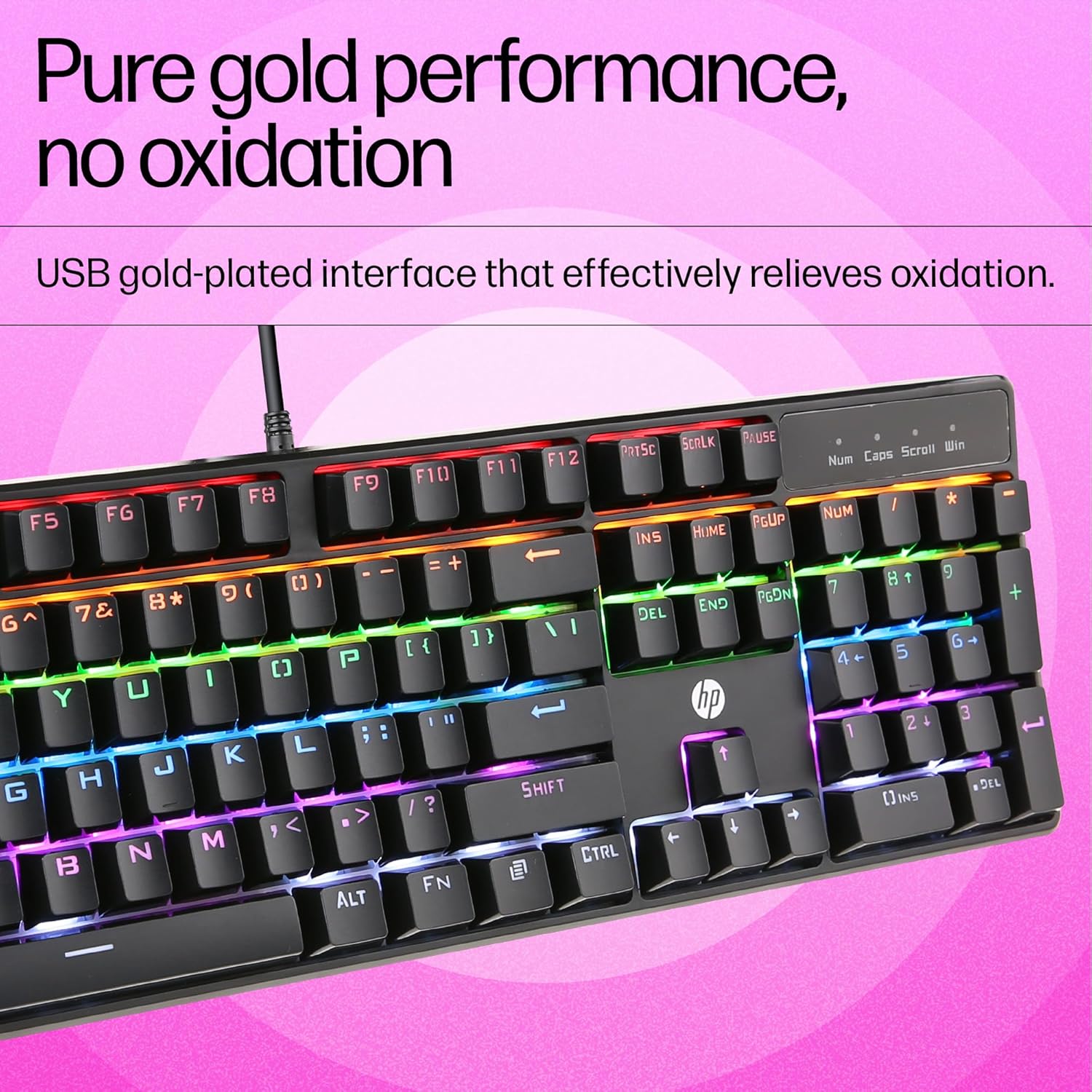 HP GK320 Wired Full Size RGB Backlight Mechanical Gaming Keyboard, 4 LED Indicators, Mechanical Switches, Double Injection Key Caps, and Windows Lock Key, 3 Years Warranty