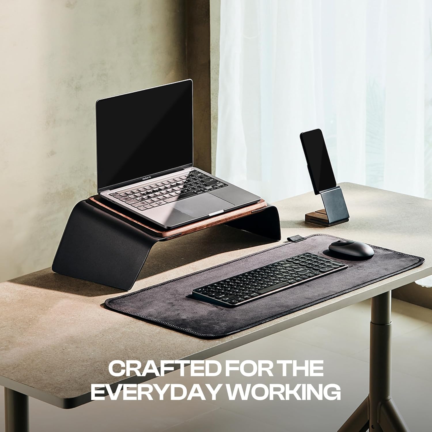 NOOE Config MEL Premium Walnut Desk Essentials Set Anywhere Mini Laptop Stand, Hands-On Mobile Stand & Soft Desk Rug | Workspace Decluttering Kit for Home & Office Setup