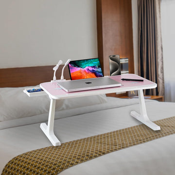 GoRogue Laptop Table for Bed & Sofa, Foldable Desk with Cup Holder, Drawer & Built-in USB Hub with Free Mini Fan, LED Lamp (Pink)
