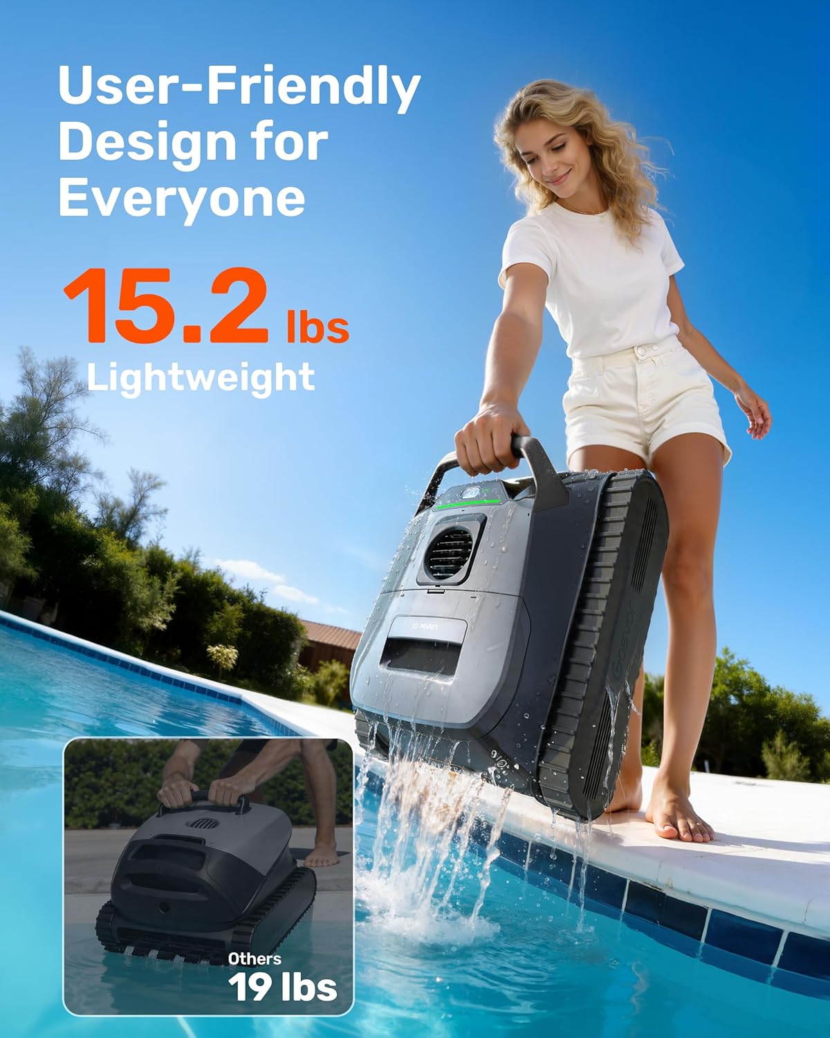 Gosvor LiteVac G1 Pool Vacuum, Wall & Waterline Cleaning, Double Filtration, 150-Min Battery Life for Smart Mode, 200-Min Battery Life for ECO Mode, Smart Navigation, with APP, Grey