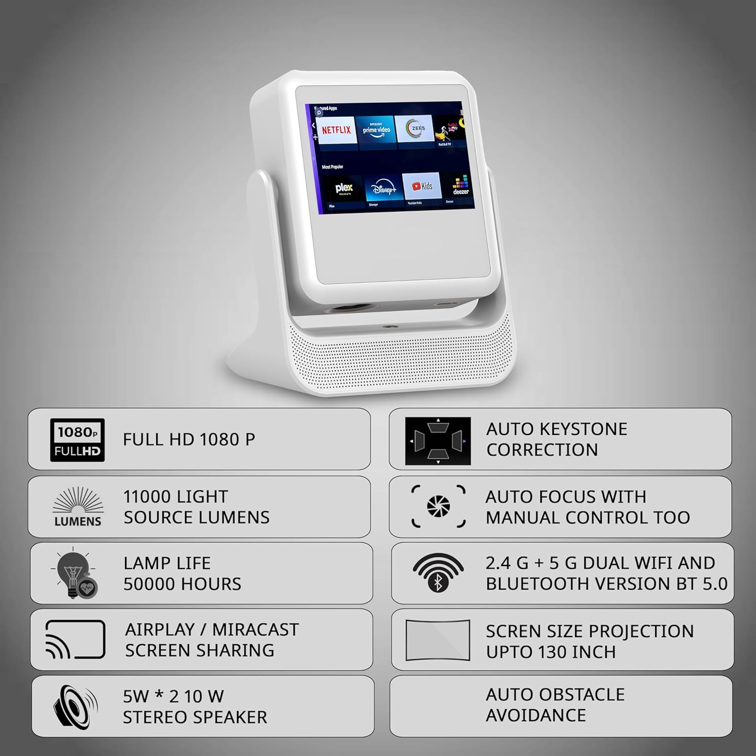 DEBONAIR Touch Play Full HD 1080p Smart Projector | World’s First Touchscreen with Auto (Focus+Screen Fit+Obstacle Avoidance) | Official Android | 11000 Lumens | HDMI USB| 10W Speaker Dual WiFi BT5.0