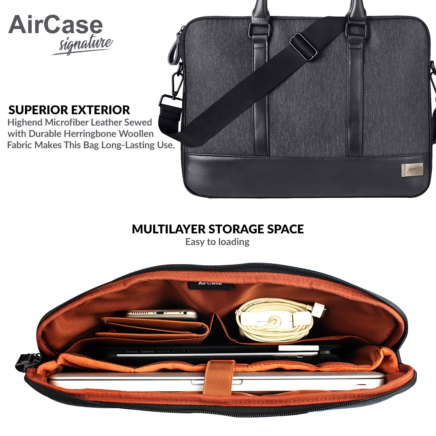 AirCase Polyester Signature CS65-13/33.02cm/14"/35.56cm/35.56cm Designer Laptop Messenger Bag, Premium, Water Resistant, for Office, Men and Women (Black)
