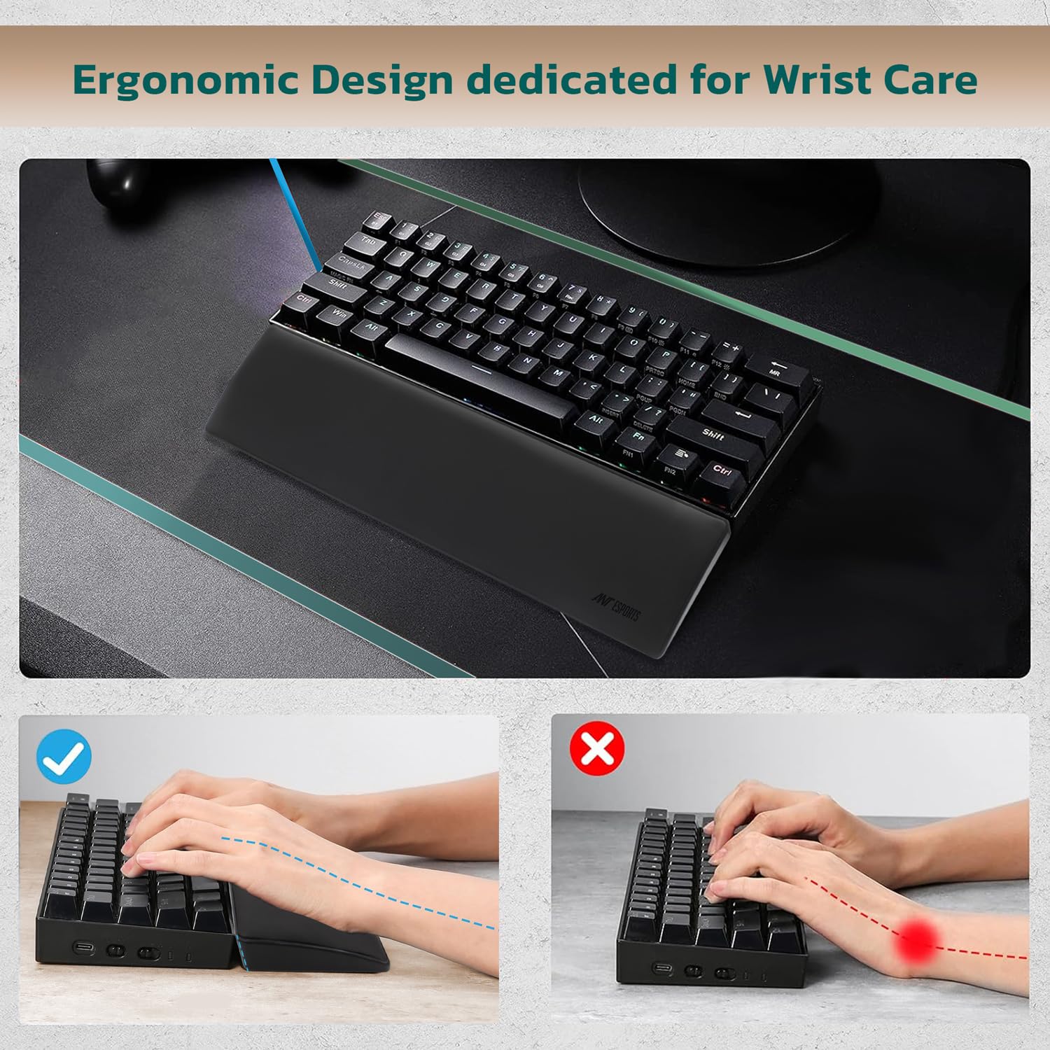 Ant Esports Full Size Keyboard Wrist Rest Pad -18"- Memory Foam Palm Rest with Non-Slip Footpad - Ergonomic Design Wrist Support - Desk Keyboard Accessory Gaming Gear-Full Size-Black