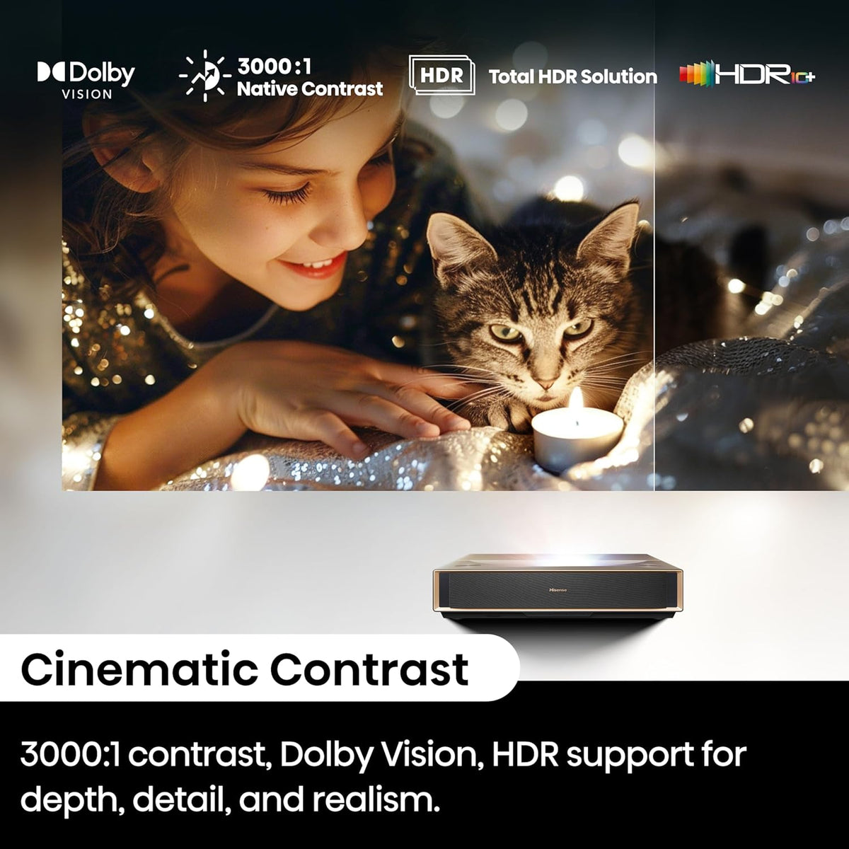 Hisense PT1 Ultra Short Throw Triple Laser Projector, 4K UHD, Google TV, 80'' - 150'', 2500 Lumens, 3000:1 Contrast, IMAX Enhanced, Dolby Vision & Atmos, 3D, 240 High Refresh Rate