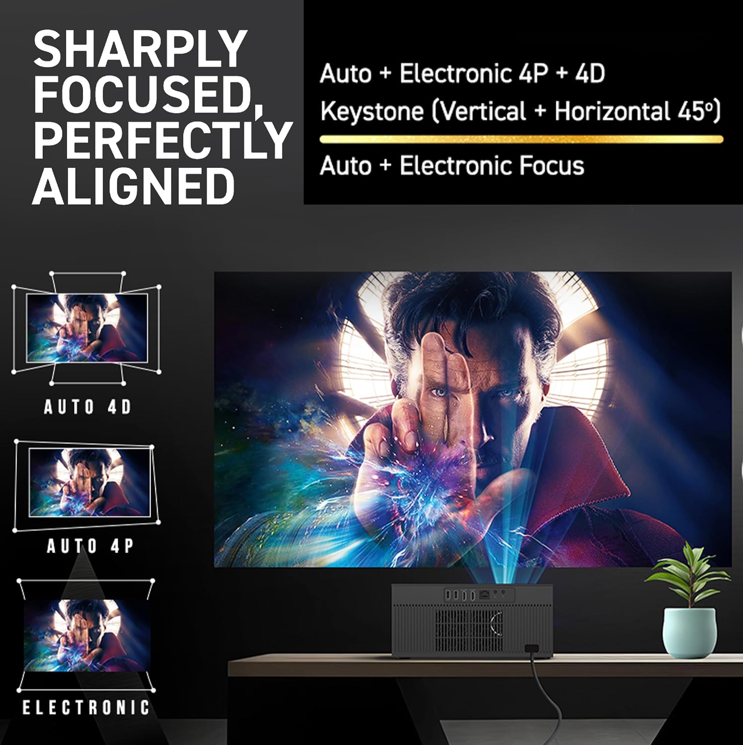 E GATE Duster 9X 100% Dust Proof Automatic Android Projector, Ultra Bright 1000 ISO Lumens & 2100FC, Native 1080p & 4k Ultra HDR, 2 HDMI with ARC, Bluetooth & Dual-Band Wifi6, Android TV, 2GB + 32GB