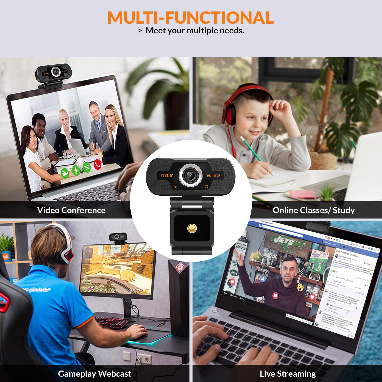 Tizum ZW81- Full HD 1080p Digital Webcam, Widescreen Viewing Angle, Auto Light Correction, Noise-Reducing Mic, for Skype, FaceTime, Hangouts, Xbox, PC/Mac/Laptop/MacBook/Tablet, Black
