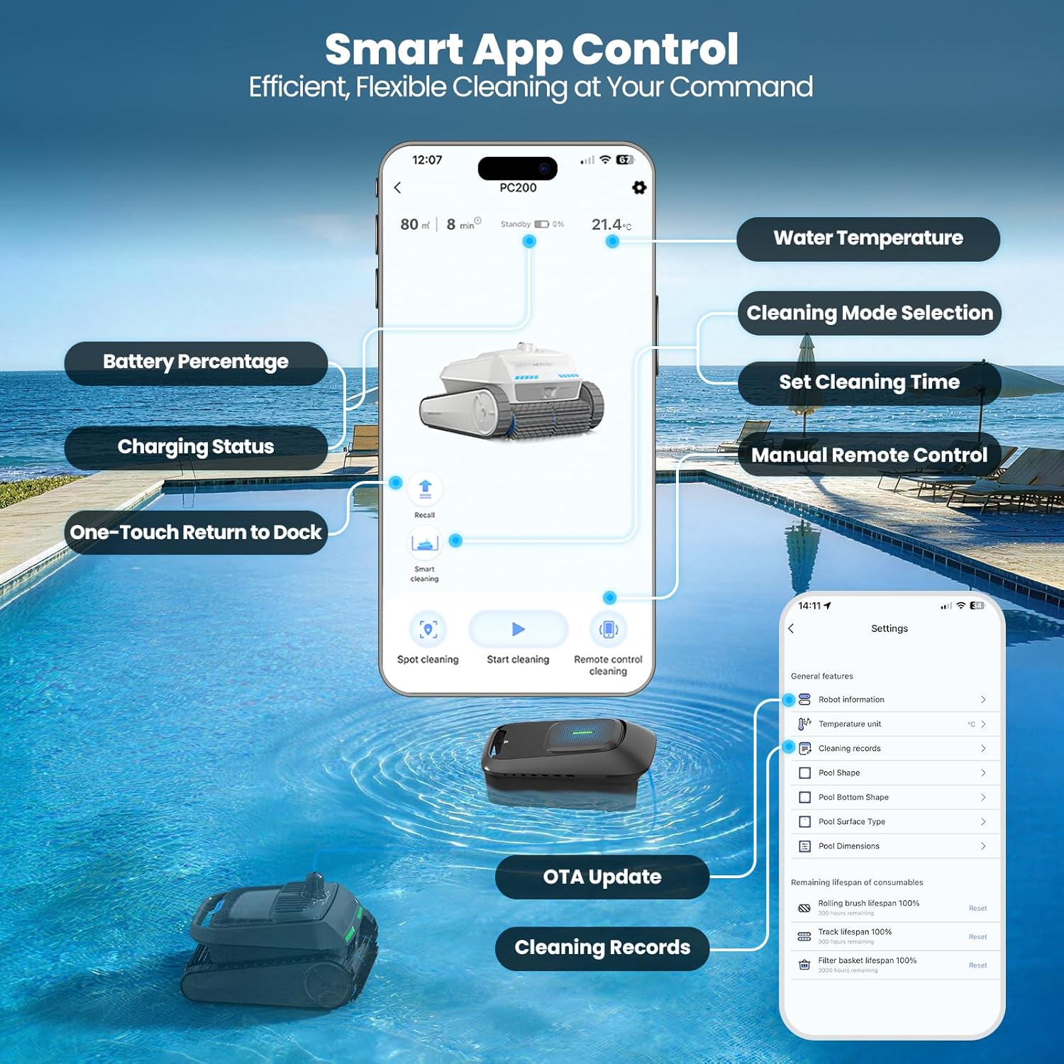 PC200 Robotic Pool Cleaner, Cordless Pool Vacuum Robot for Inground & Above Ground Pools, Smart Navigation, Surface, Walls, Waterline & Floor Cleaning, 10000GPH, Self-Parking