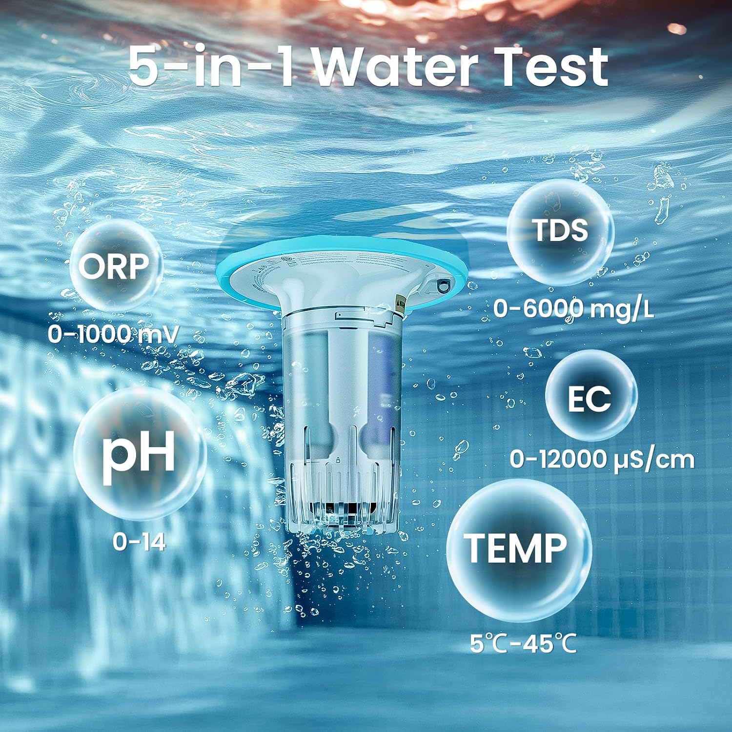AIPER HydroComm Pro Smart Pool Monitor, 5-in-1 Water Testing for Pools, Hot Tubs, and Spas, Features App Control and Real-Time Underwater Connectivity, Blue