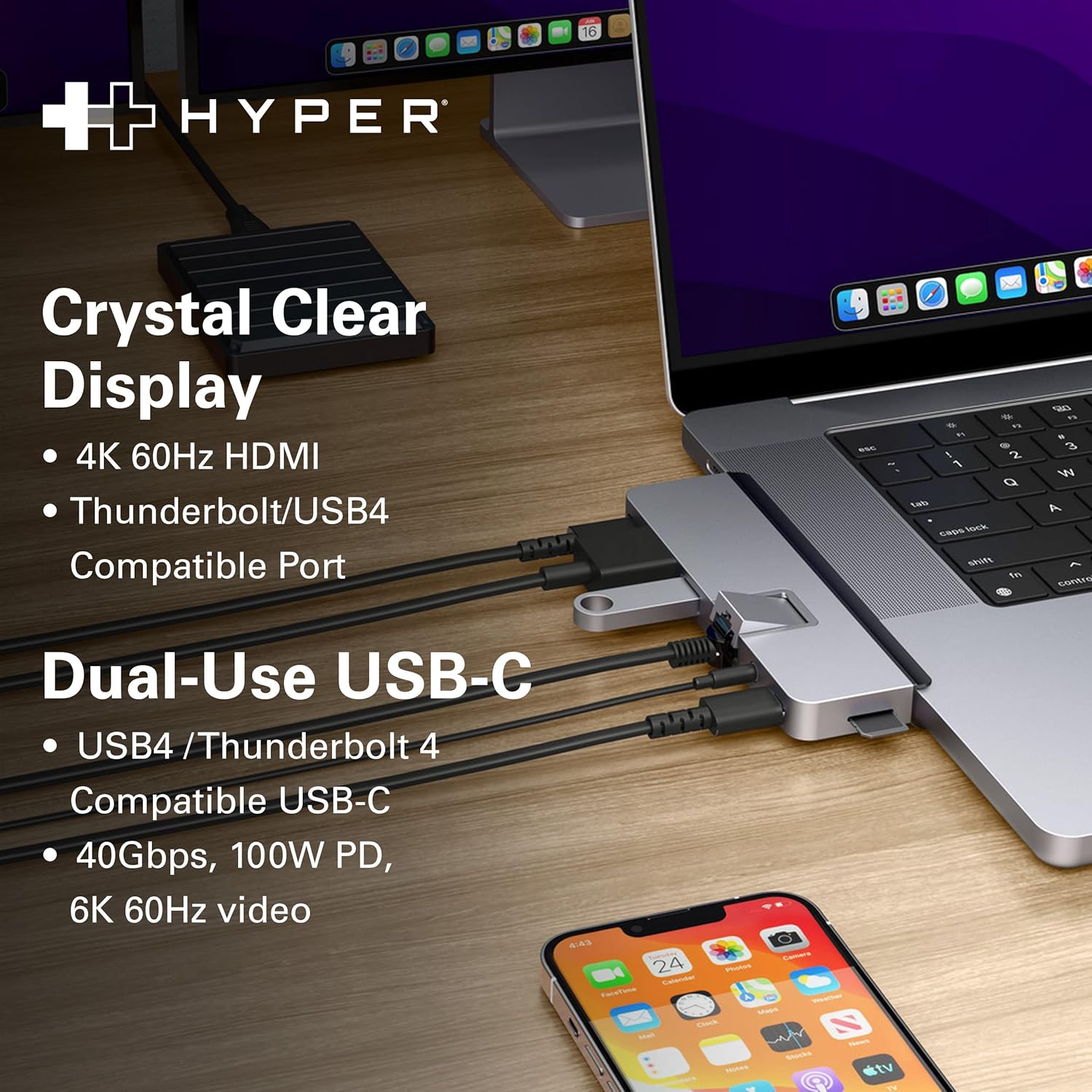 HYPERDRIVE Duo PRO 7 in 2 USB C hub for MacBook Pro/Air, M1 Mac 13,14,15,16 inch, Also Compatible with USB-C iPad Pro/Air, Windows Laptop, Surface, Android Devices with Type C Ports (Space Grey)