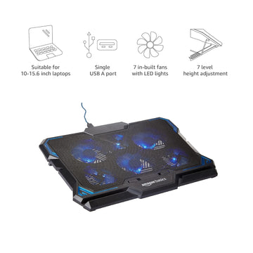 Amazon Basics Laptop Cooling Pad with LED Lighting Effect | USB Powered Gaming Laptop Cooler Stand | Quiet 6 Fans with 2-Level Height Adjustment| Slim Chill Mat for 10 to 17-Inch Laptops(AB-CP1_BLACK)