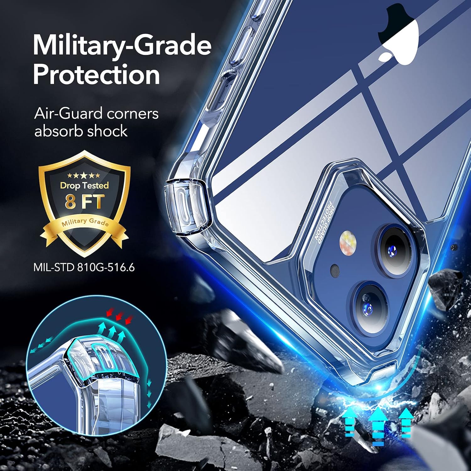 ESR Air Armor Compatible with iPhone 12/12 Pro Case,Military-Grade Drop Protection, TPU, Shock-Absorbing Corners, Anti-Yellowing Hard TPU Back, Scratch Resistant, Clear
