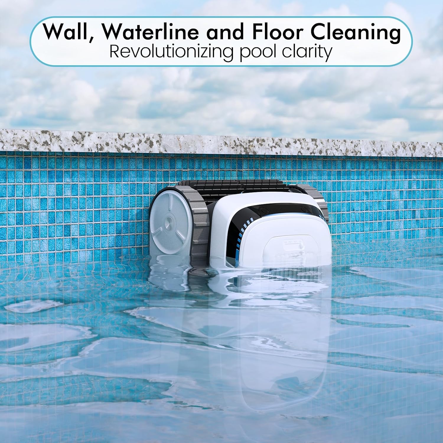 Robotic Pool Vacuum PC10, Cordless Pool Cleaner Robot for Inground & Above Ground Pools, Smart Navigation, 5000GPH Suction Power for Cleaning Floor, Wall & Waterline, Self-Parking, White
