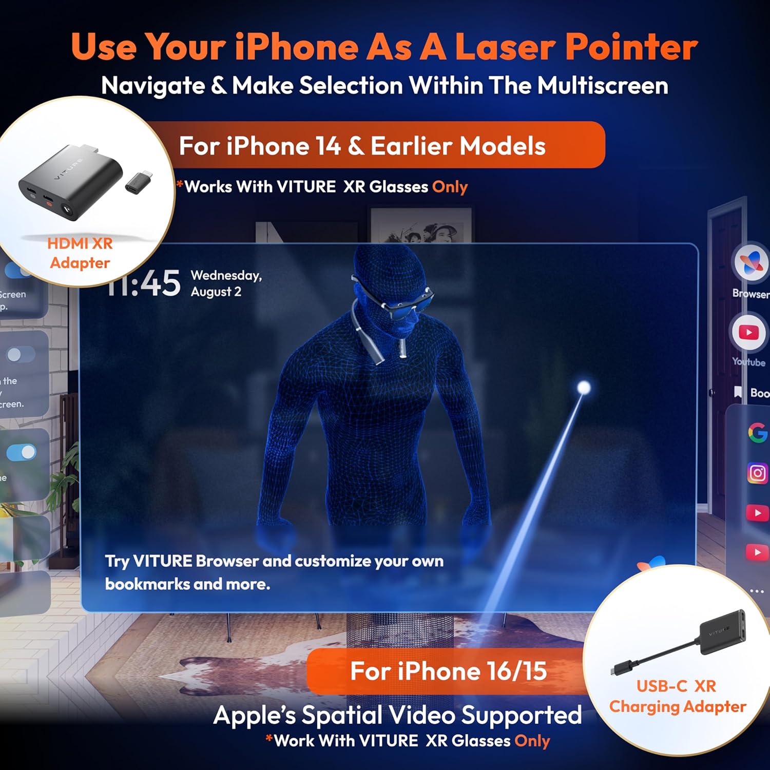VITURE HDMI XR Adapter for iPhone 14 & Earlier Models, Enabling MultiScreen/Enhanced 3DoF/VR Videos, 2.8 Hours Battery Life, Charge While Playing, Direct Play on PS/Xbx/Gaming Consoles