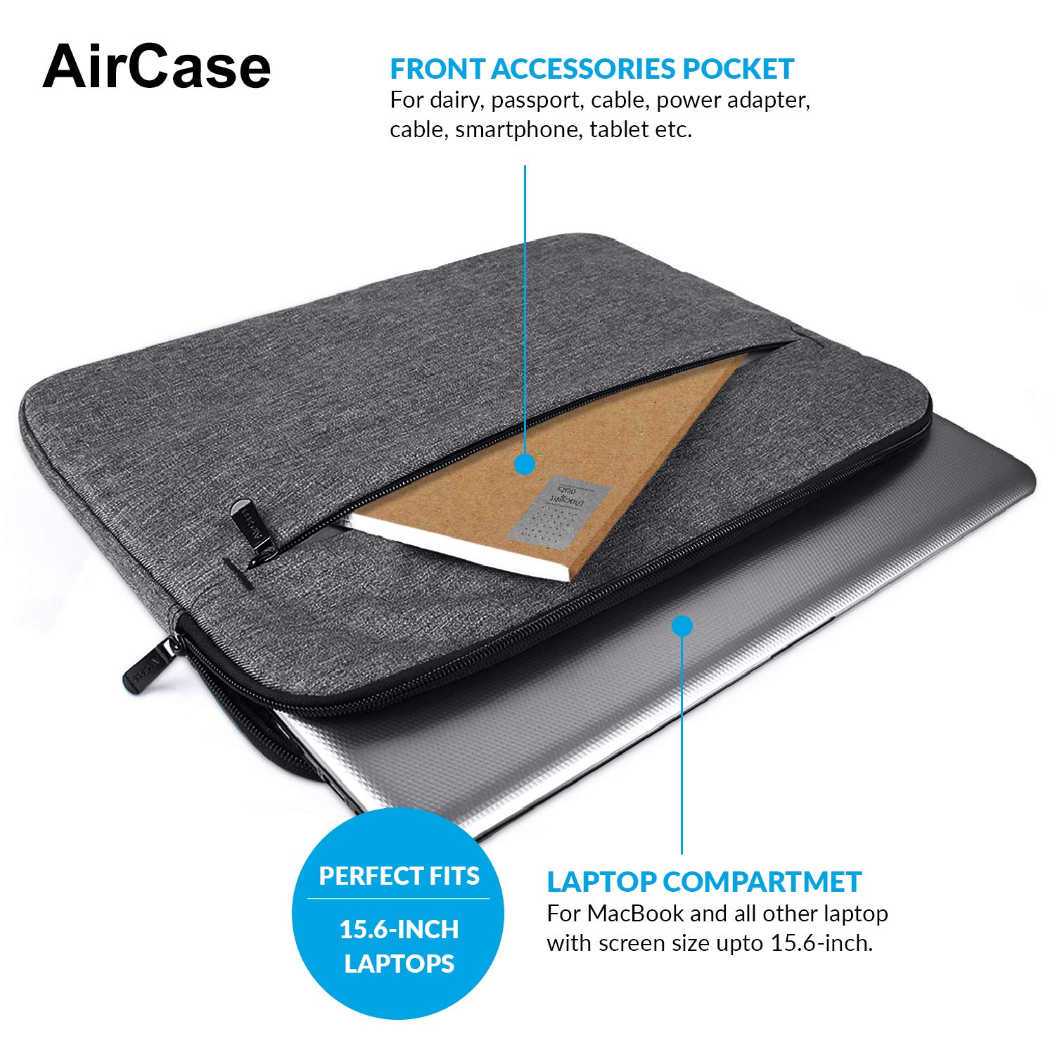 AirCase Laptop Bag Sleeve Case Cover Pouch for 15.6-Inch Laptop for Men & Women (Grey) (C49)