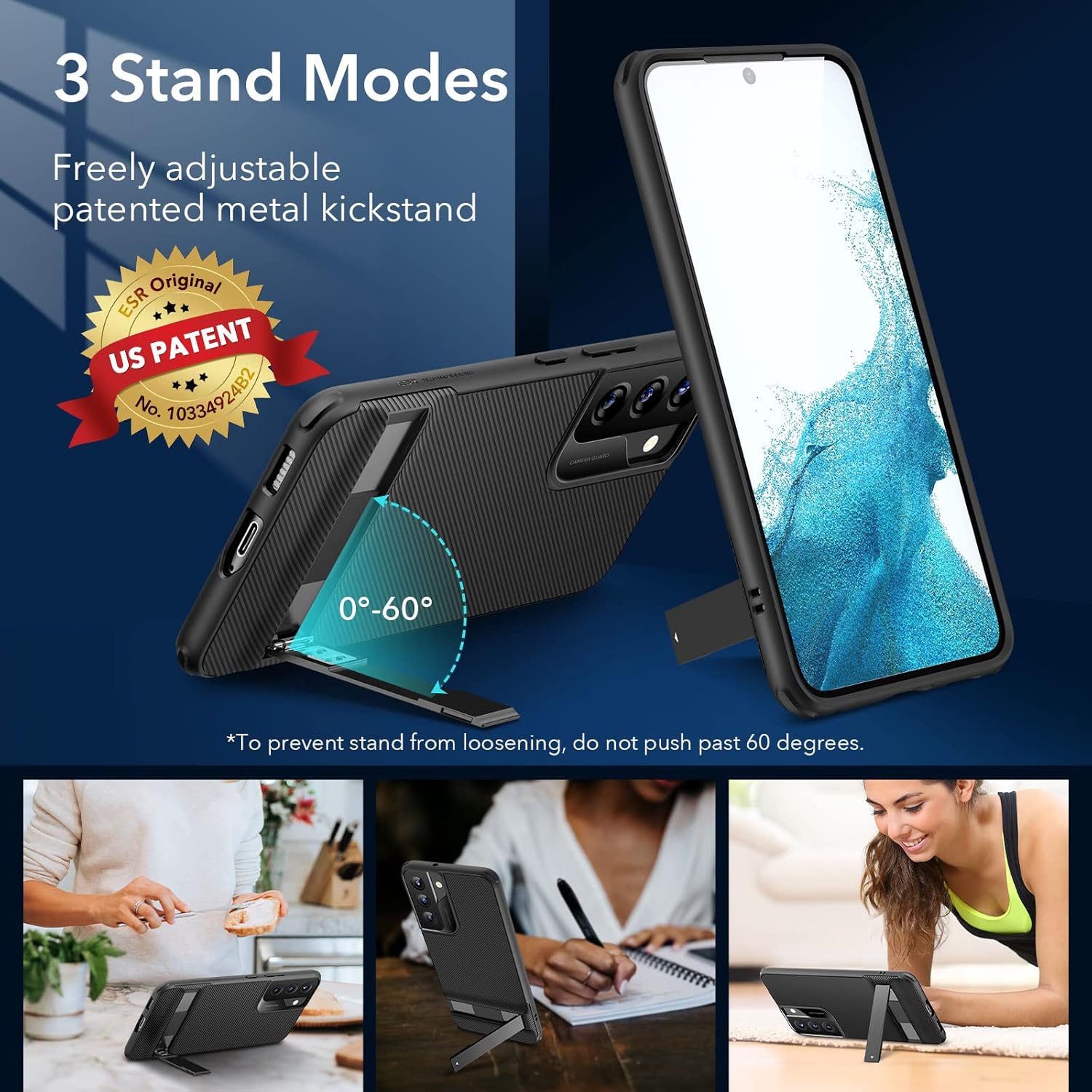 ESR for Samsung Galaxy S22 Case with Adjustable Stand, Military-Grade Drop Protection, 3 Stand Modes, TPU, Supports Wireless Charging, Slim Patented Metal Kickstand Phone Back Cover, Black