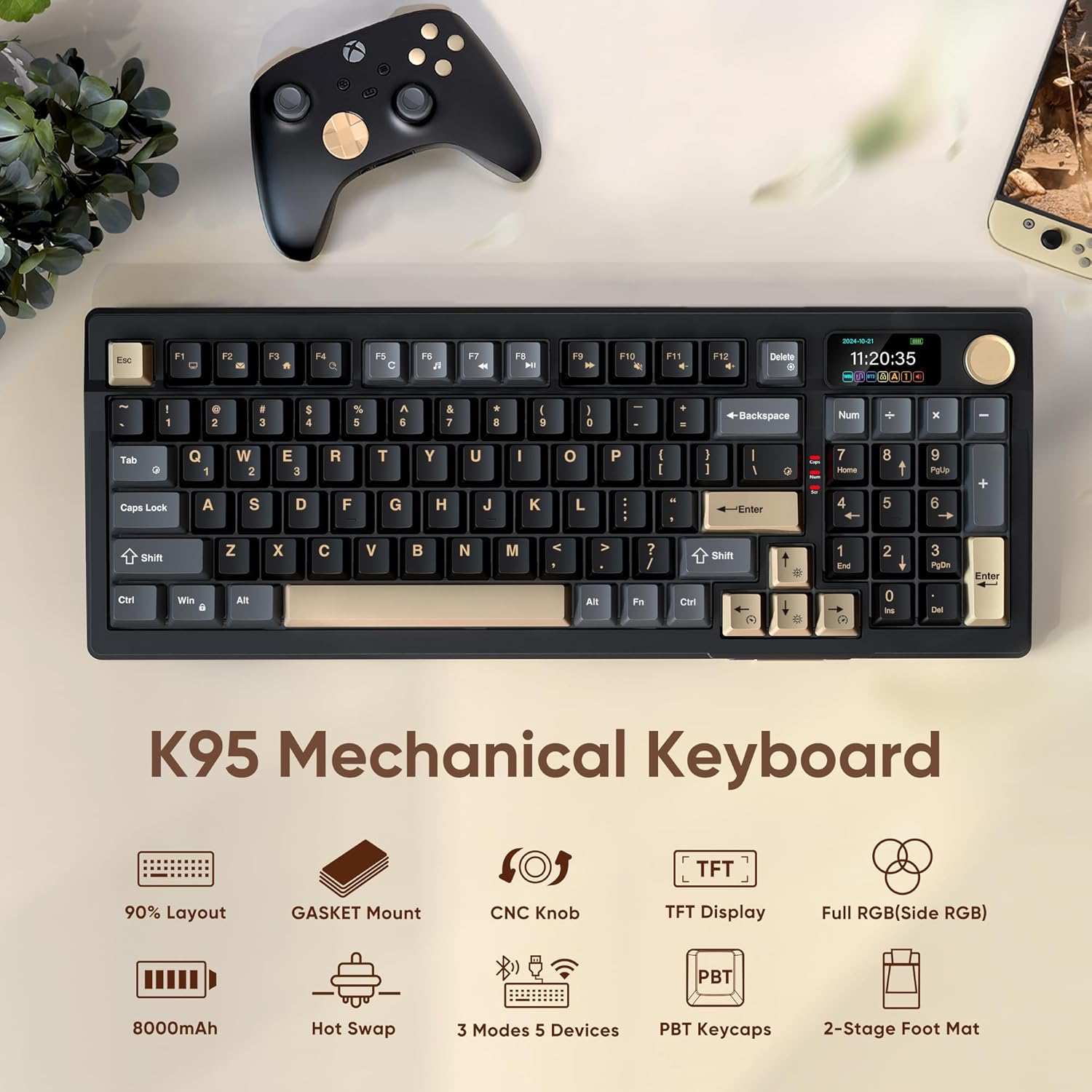 RedThunder K95 Wireless Mechanical Keyboard, TFT Screen & Knob, Tri-Mode BT5.0/2.4GHz/USB-C Hot Swappable Custom, Pre-lubed Linear Pink Switches, Gasket Structure, RGB Gaming Keyboard, Black-Gold