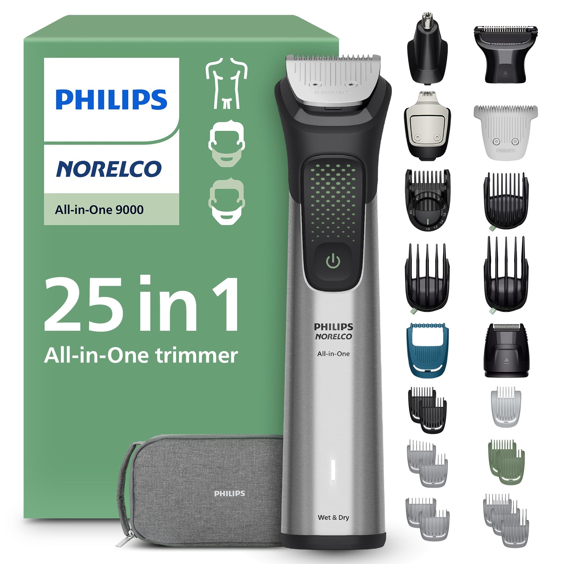 Norelco Philips Multigroom 9000 Series, All-in-One Trimmer, Beard Trimmer and Hair Clipper, 23-Piece Men's Grooming Kit for Beard, Body, Face, Nose, Ear and Intimate Areas, MG9520/50