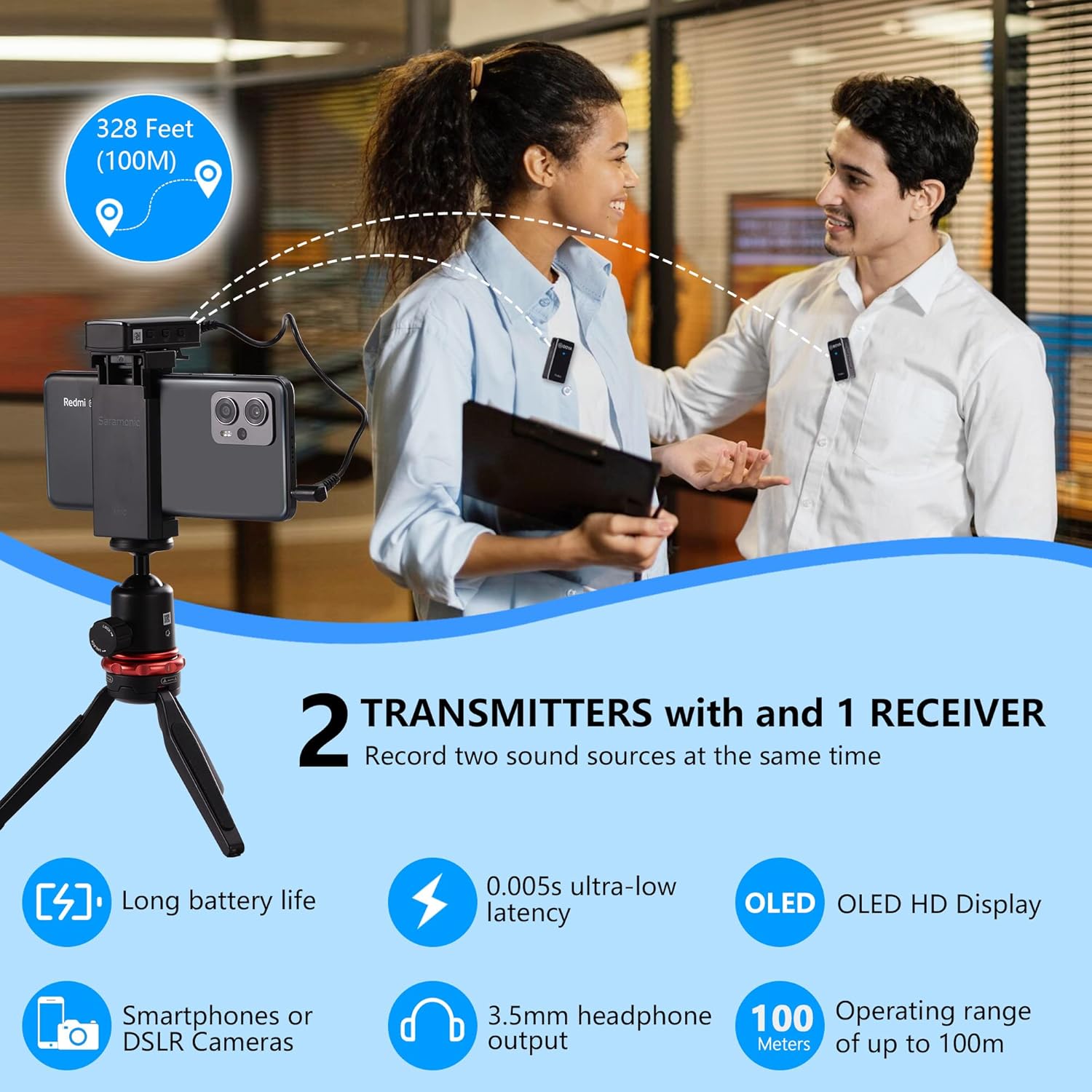 BOYA BY-XM6-S2 Mini OLED Wireless Lavalier Microphone,Dual-Channel Lapel Mic with Mono/Stero & Gain Compatible with Camera/Smartphone YouTube Vlog Live Stream Podcast Interview