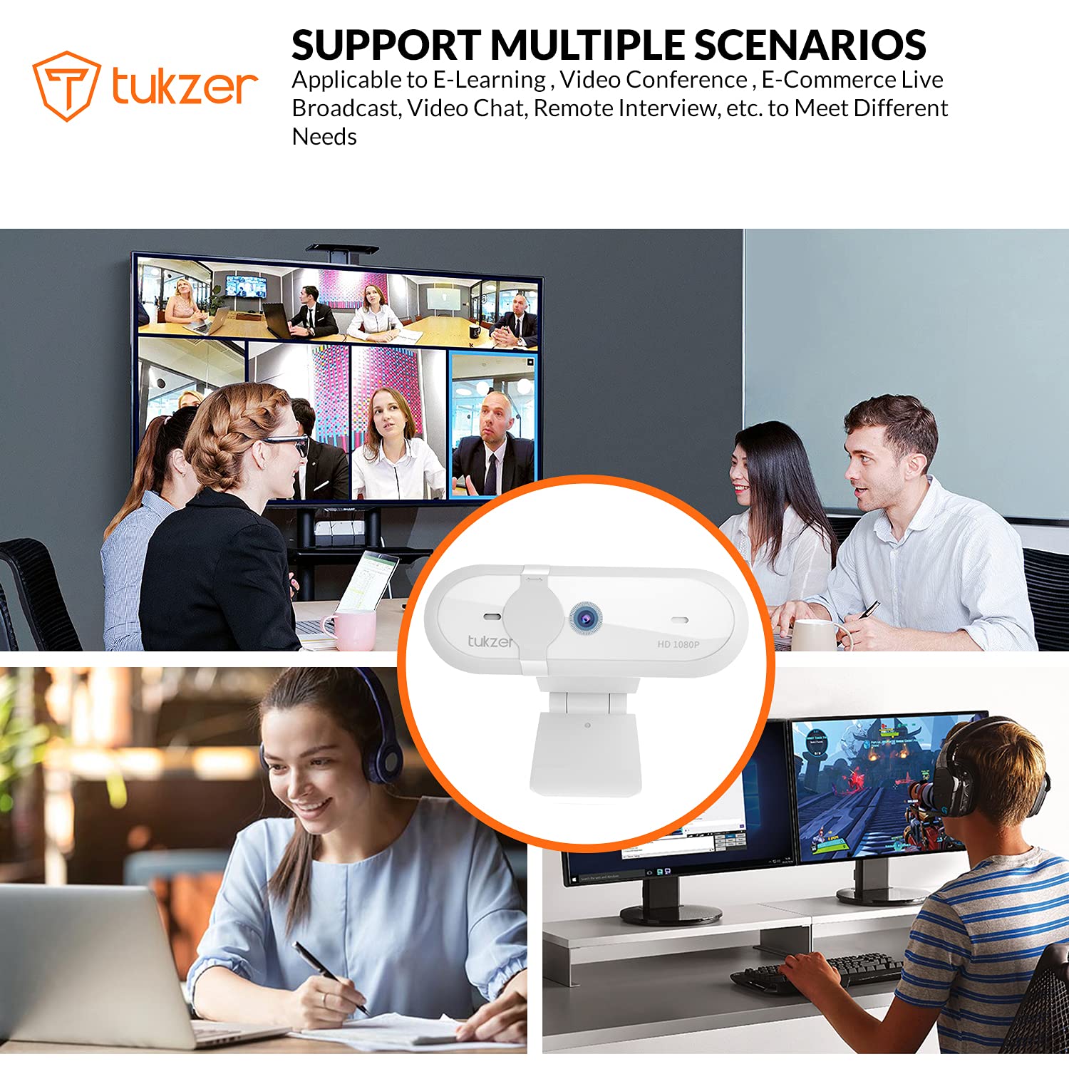 Tukzer 2.1 MP Optical Full HD 1080P Web Camera, CMOS Webcam with Microphone| Privacy Cover| Auto-Focus| 360° Rotatable, Tripod Ready Mount | Plug-n-Play USB for Windows, Mac (White)