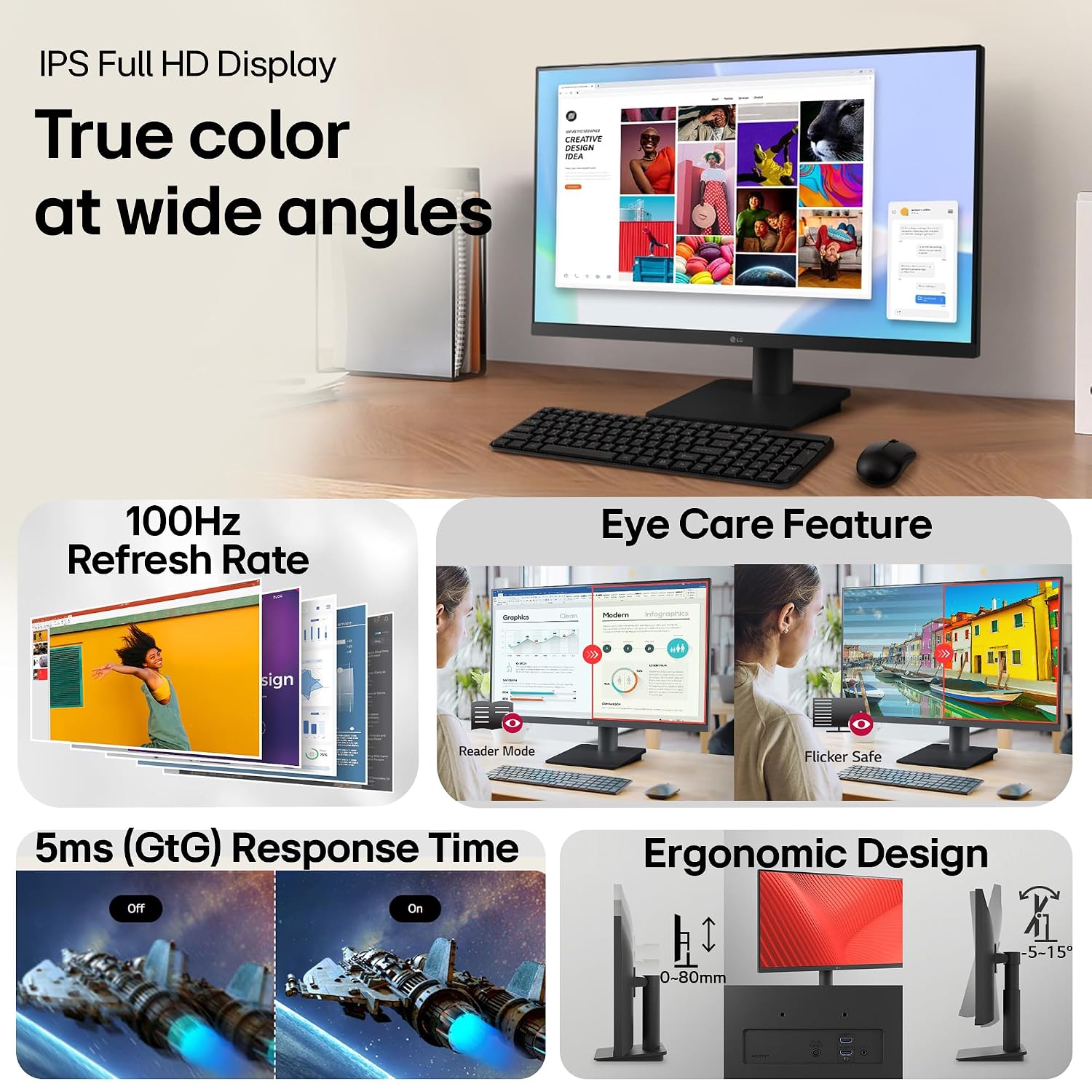 LG 24MS550 60.4 cm (23.8 Inch) FHD (1920x1080) IPS PC Monitor with 100Hz, 5ms (GtG), Flicker Safe & Reader Mode, 2xSpeakers, 2xHDMI, Tilt/Height Adjustable, 3-Side Virtually Borderless Design (Black)