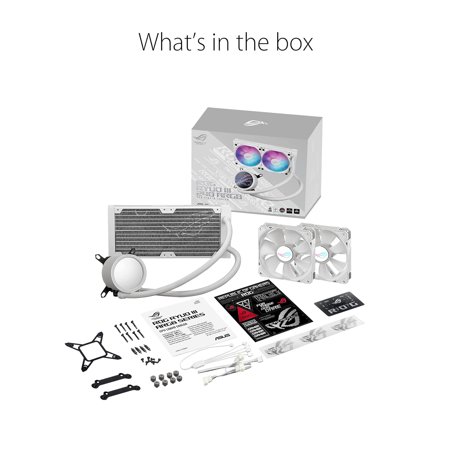 ASUS ROG RYUO III 240 ARGB White Edition All-in-one AIO Liquid CPU Cooler 240mm Radiator, Asetek 8th gen Pump Solution, Anime Matrix™ LED Display and ROG AF 12S ARGB Fan.