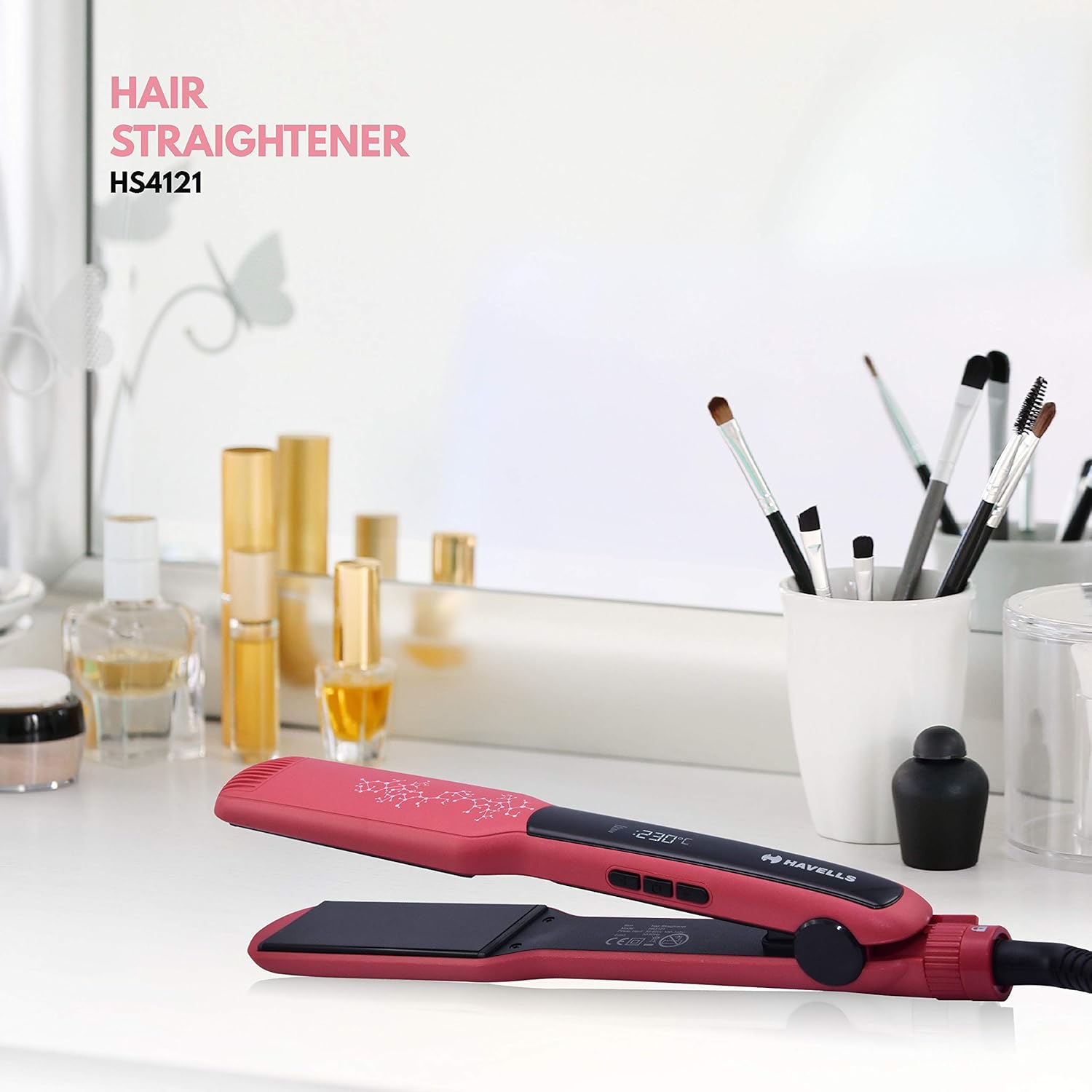 Havells Wide Plate Hair Straightener - HS4121 (Red_Free Size)