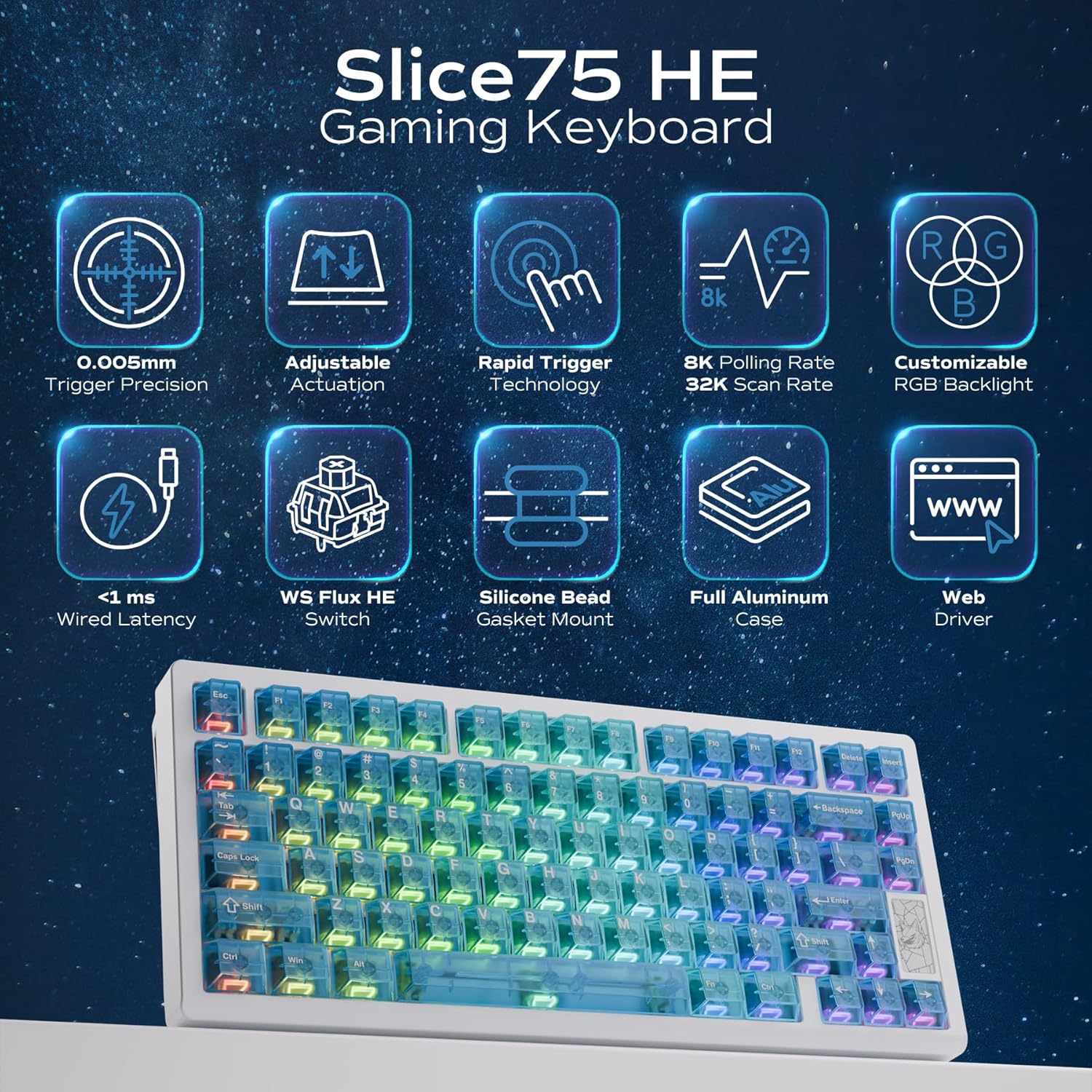 Mechanical Keyboard, Chilkey Slice75 HE Gaming Keyboard Wired, 75% Hall Effect Magnetic Aluminum Keyboard with WS Flux HE Clacky Switch, Rapid Trigger, 8K Polling, Per-Key RGB Custom, PC/Mac Support