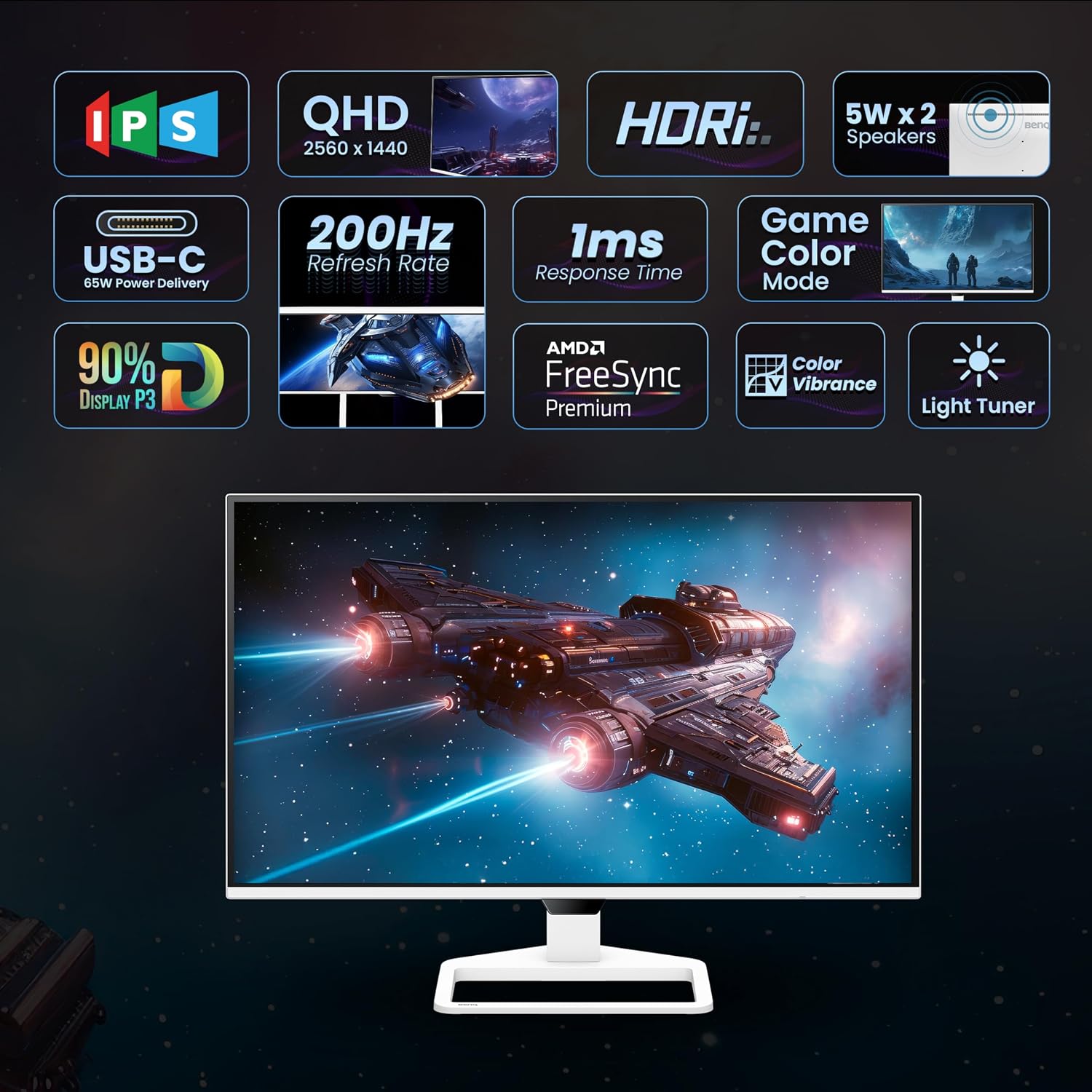 BenQ EW270Q 27" (68.58 cm) 2K QHD 200Hz IPS Gaming Monitor | HDRi|1200:1 Contrast|90% P3 Gamut|350 nits|Built-in-Speakers(5W X2)|AMD FreeSync Premium|USB-C (65 W), HDMI|Game Color Mode(White)