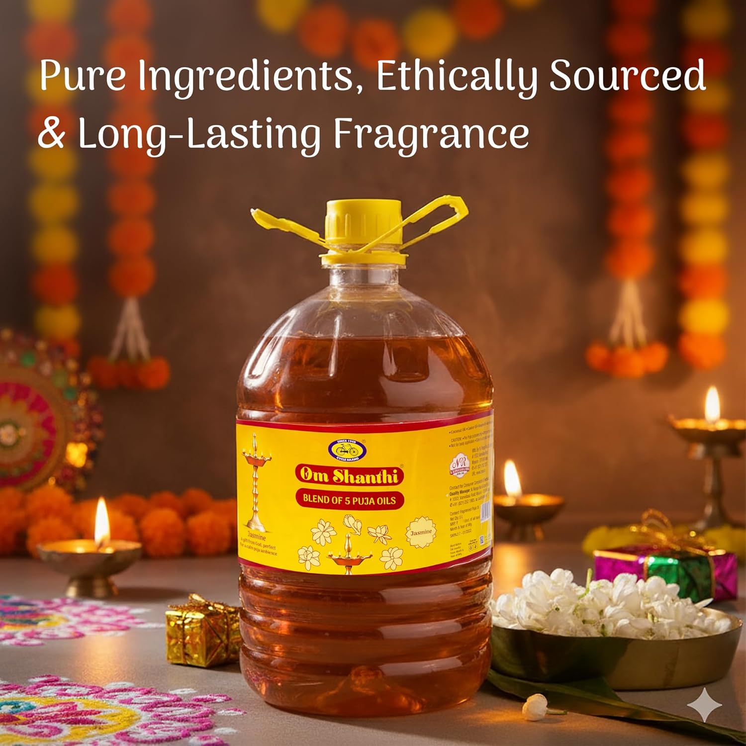 Om Shanthi POOJA MADE PURE Cycle Pure Puja-Oil | 5L Festival & Havan Use | Til-Based Sacred Lamp Blend with Jasmine Fragrance | Daily Rituals & Puja Lamps