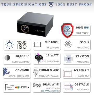 E GATE Duster 9X 100% Dust Proof Automatic Android Projector, Ultra Bright 1000 ISO Lumens & 2100FC, Native 1080p & 4k Ultra HDR, 2 HDMI with ARC, Bluetooth & Dual-Band Wifi6, Android TV, 2GB + 32GB