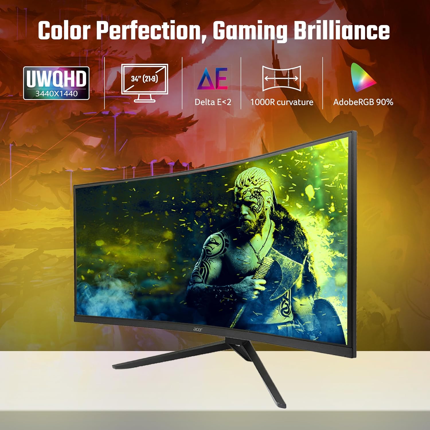 acer ED343CUR 34 Inch UWQHD (3440x1440) Pixels VA Panel 1000R Curved Backlight LED Monitor I 1 MS, 180Hz Refresh I Delta E<2 I HDR 10 I RGB Lighting I 2 x HDMI 1 x Display Port I Eye Care Features